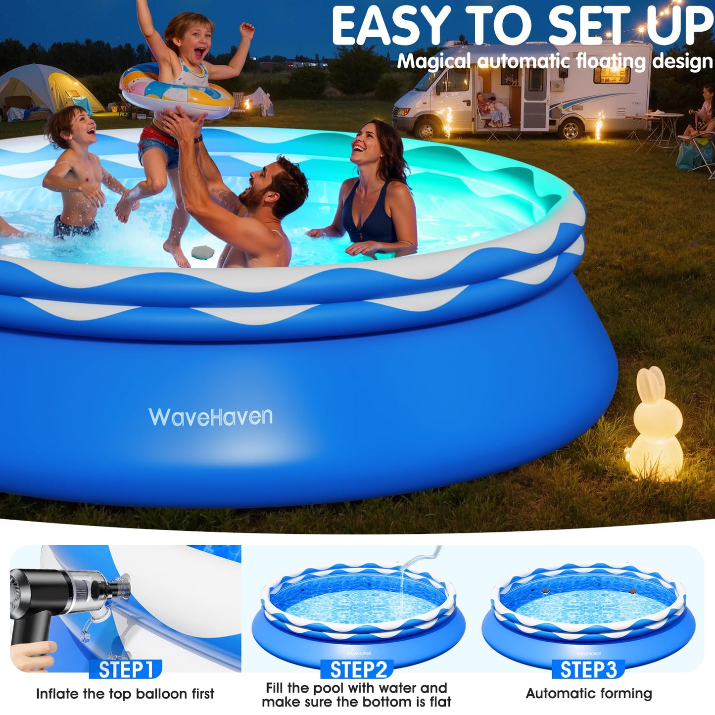 Easy Set Pool with Pool Lights, Upgraded Above Ground Pool,Large Inflatable Swimming Pool for Adults Round Pool,Quick Set Inflatable Top Rings Above Ground Swimming Pool 8ftx30in