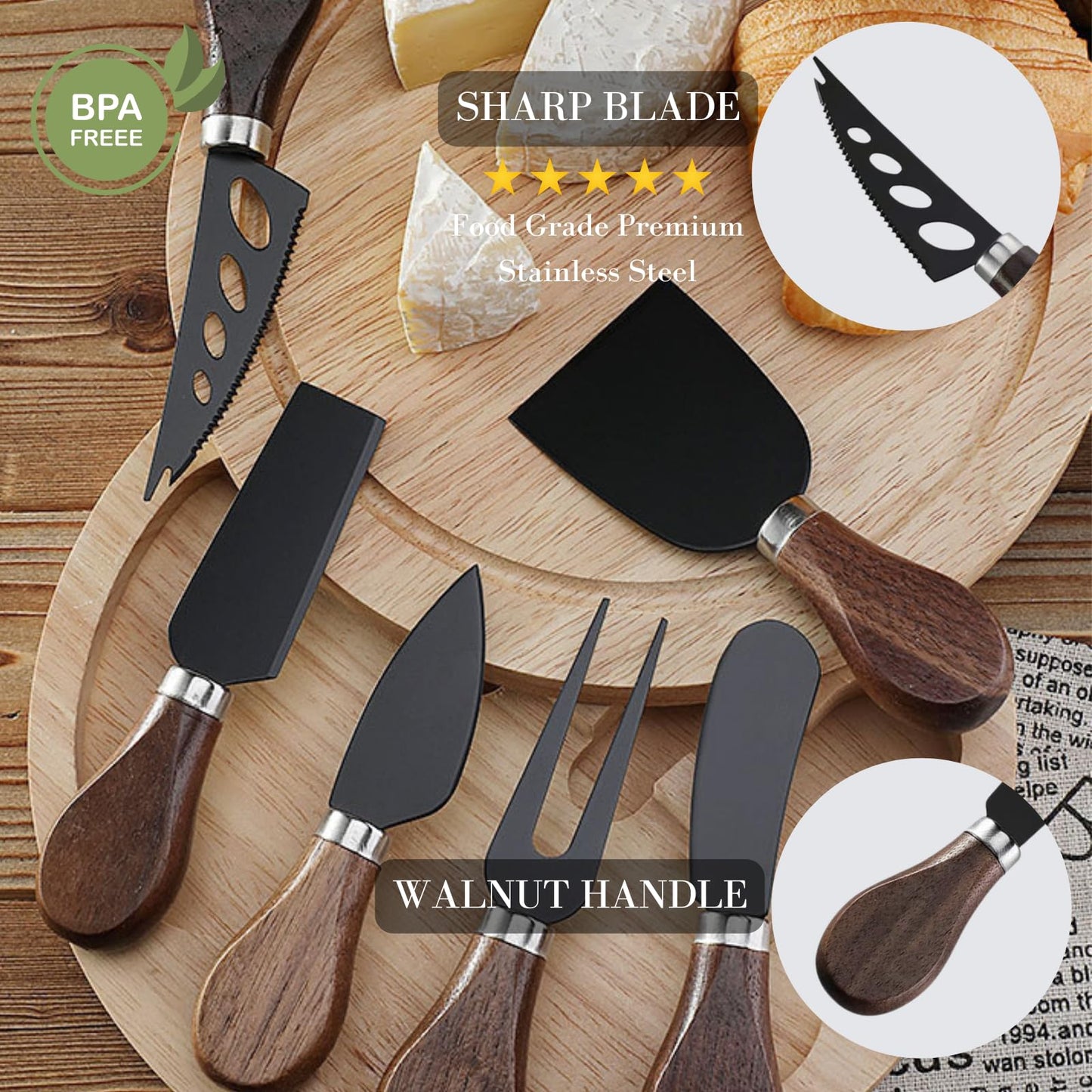 Charcuterie Board Accessories Set - Cheese Knife & Spreader, Charcuterie Cocktail Picks, Small Serving Bowls, Cheese Markers & Mini Tongs for Valentine Charcuterie Platter & Grazing Board (Black)