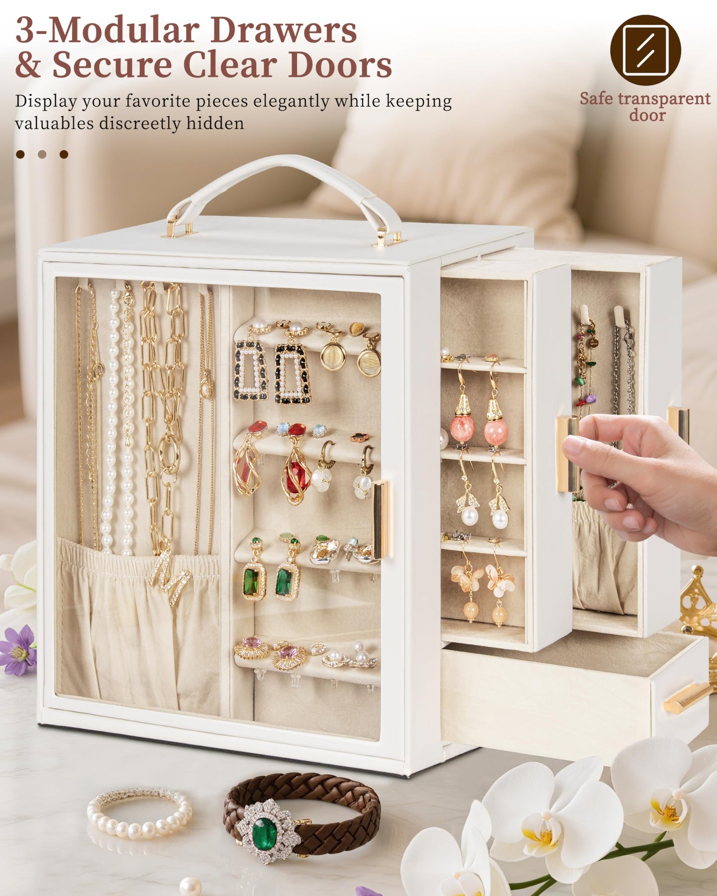 TORIBIO Large Jewelry Box for Women Girls,Big Leather Jewelry Organizer for Necklaces Rings Earrings Gift Bracelets Storage with Drawer,Great Gift for Her