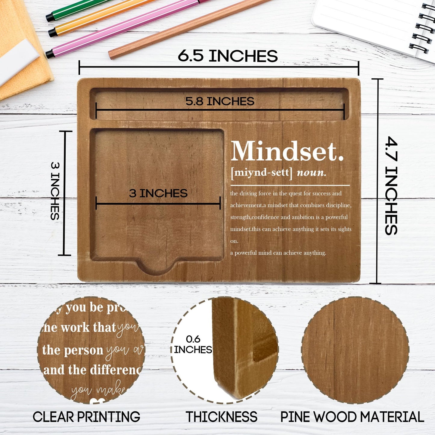 Ogleqoo Wooden Desk Note Pen Holder, Inspirational Mindset Office Desk Decor Gifts, Motivational Office Decor with Quotes, Thank You Teachers Day Gifts for Colleague Family Friends-A11
