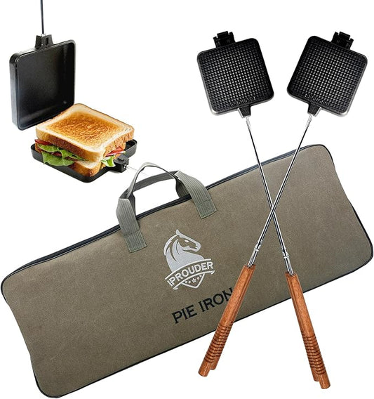 Campfire Pie Iron 4.9" Large Cast Iron Sandwich Maker for Camping 2 Pcs with Storage Bag - 22.6 inch Thickened Handles - Campfire Cooking Equipment for Grilling & Outdoor Cooking
