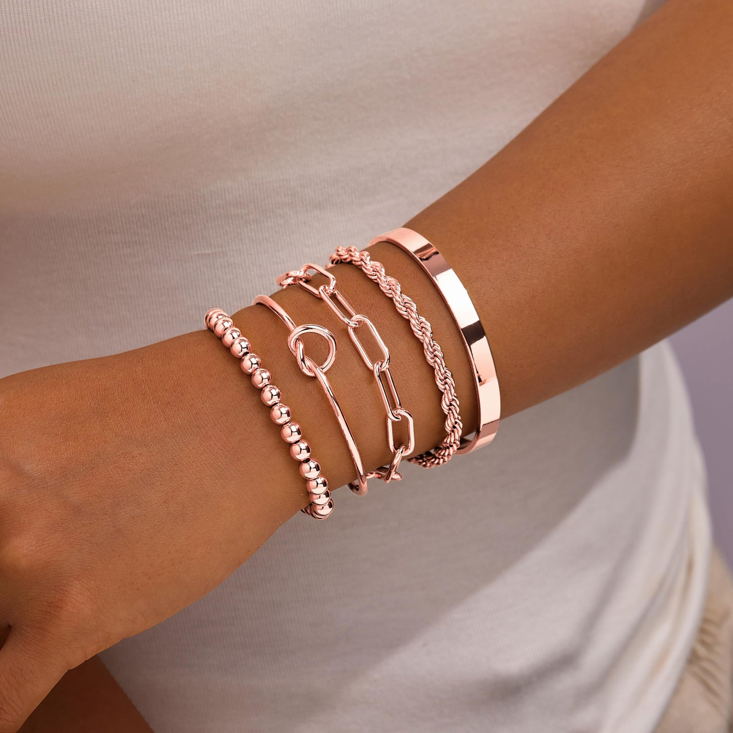 Gokeey Rose Gold Cuff Bracelets for Women,Dainty Rose Gold Bangles Bracelets Set for Women, Paperclip Link Chain Rope Beaded Tie Knot Bracelets Stack Chunky Jewelry