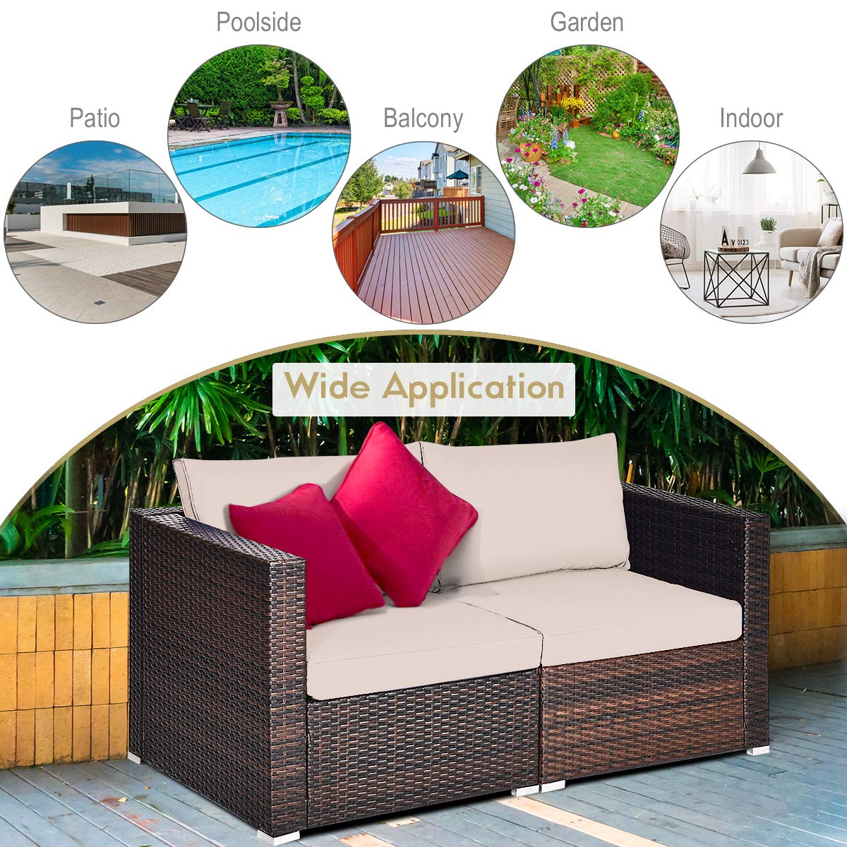 Tangkula Wicker Loveseat 2 Piece, Patio Furniture Couch with Removable Cushions, Rattan Loveseat Sofa for Balcony, Deck, Garden and Poolside