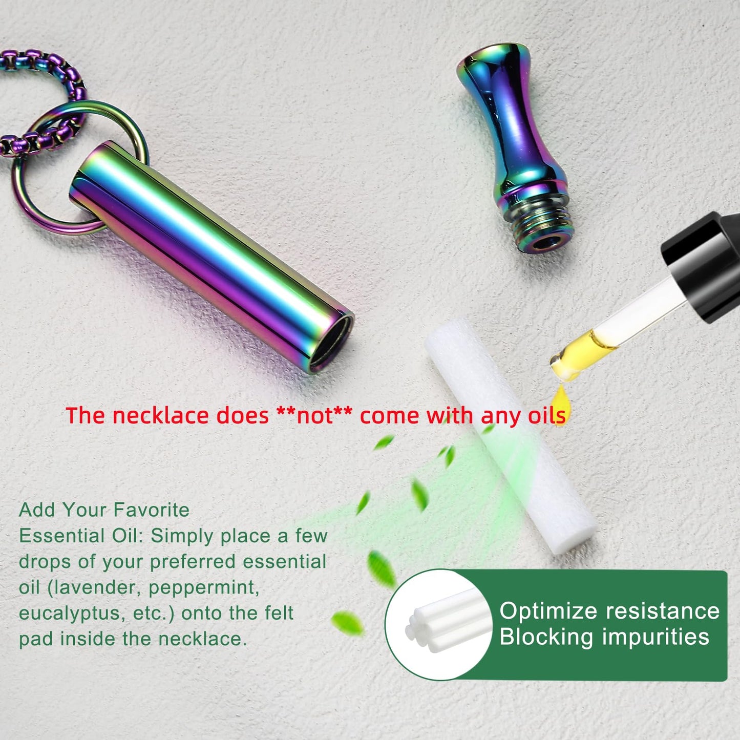 hooppoo Breathing Necklace for Calm & Focus - Personal Essential Oil Diffuser for Anxiety Relief, Quit Smoking, Yoga and Meditation - Reusable Stainless Steel Pendant for Women Men (Rainbow)