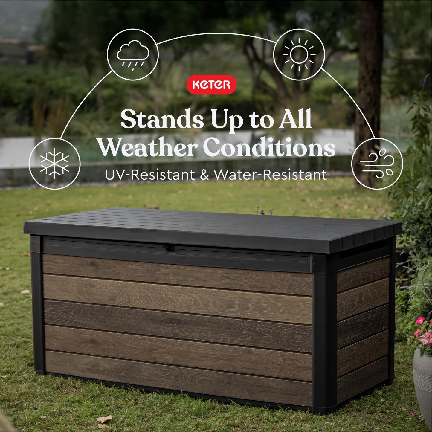 Keter Signature Collection 150 Gallon Resin Deck Box Organization and Storage Box for Patio Outdoor Cushions, Throw Pillows, Garden Tools and Pool Supplies, Walnut