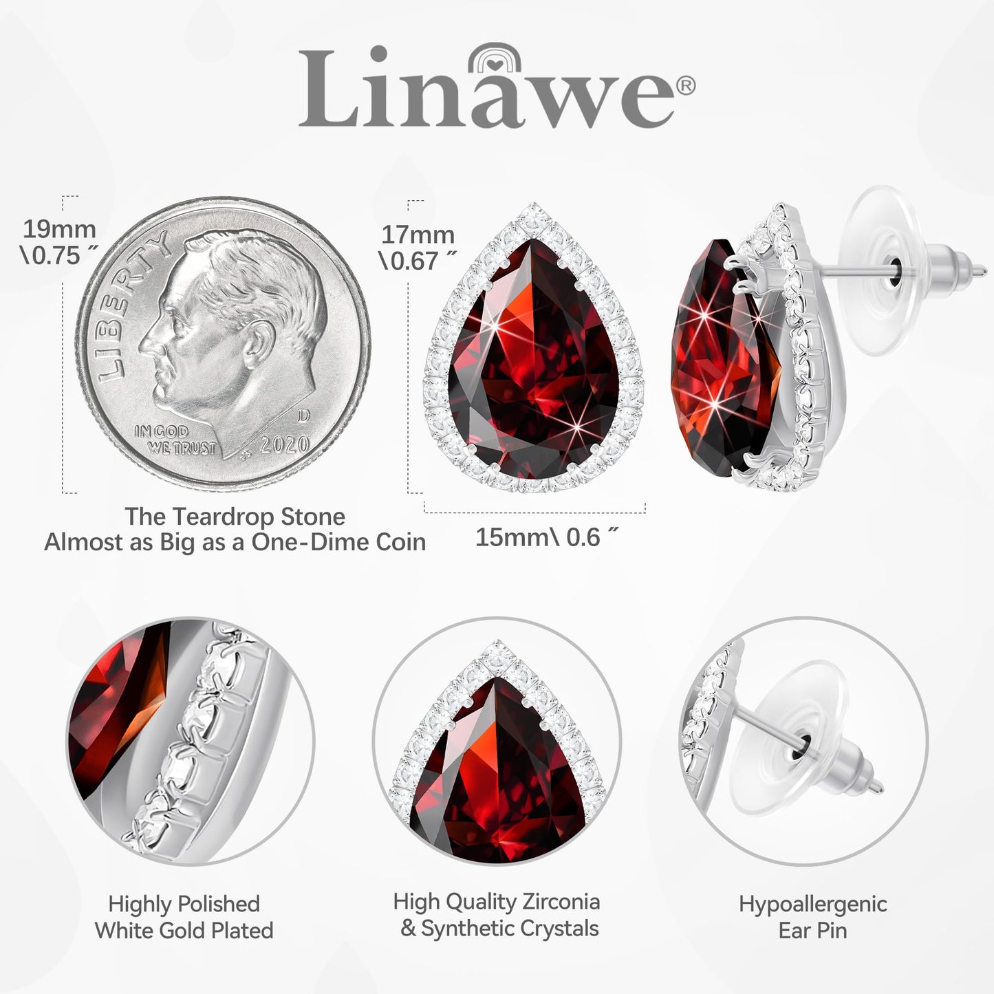 Linawe Silver Red Stud Earrings for Women, Imitation Diamond Cubic Zirconia Earrings Studs, Teardrop Rhinestone Burgundy Garnet Crystal Earrings Set, Costume Bridal Wedding Jewelry