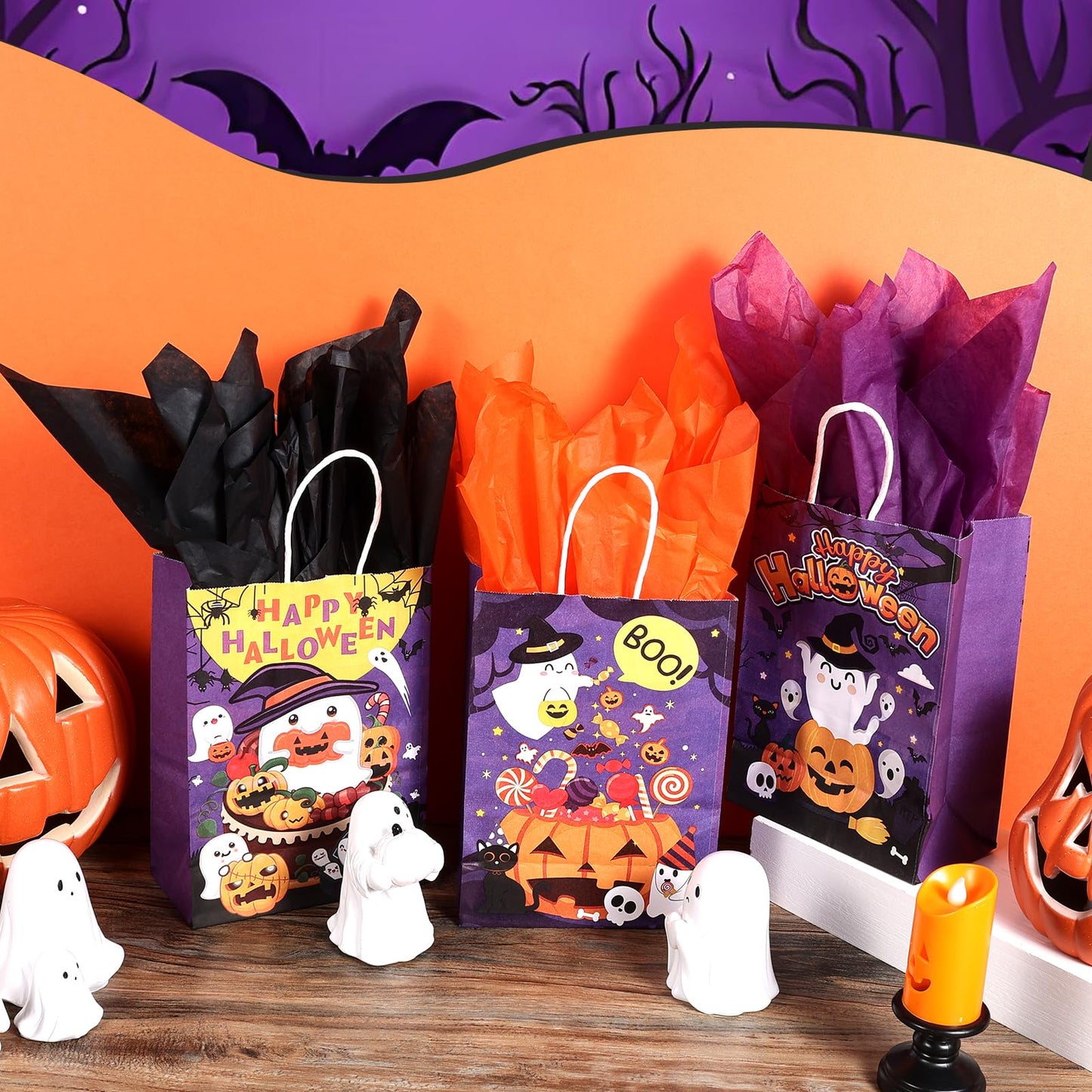 24Pcs Purple Halloween Paper Gift Bags and 24 Sheets Tissue Paper, Halloween Party Bags with Handle Candy Goodie Bags for Trick & Treat Party Supplies