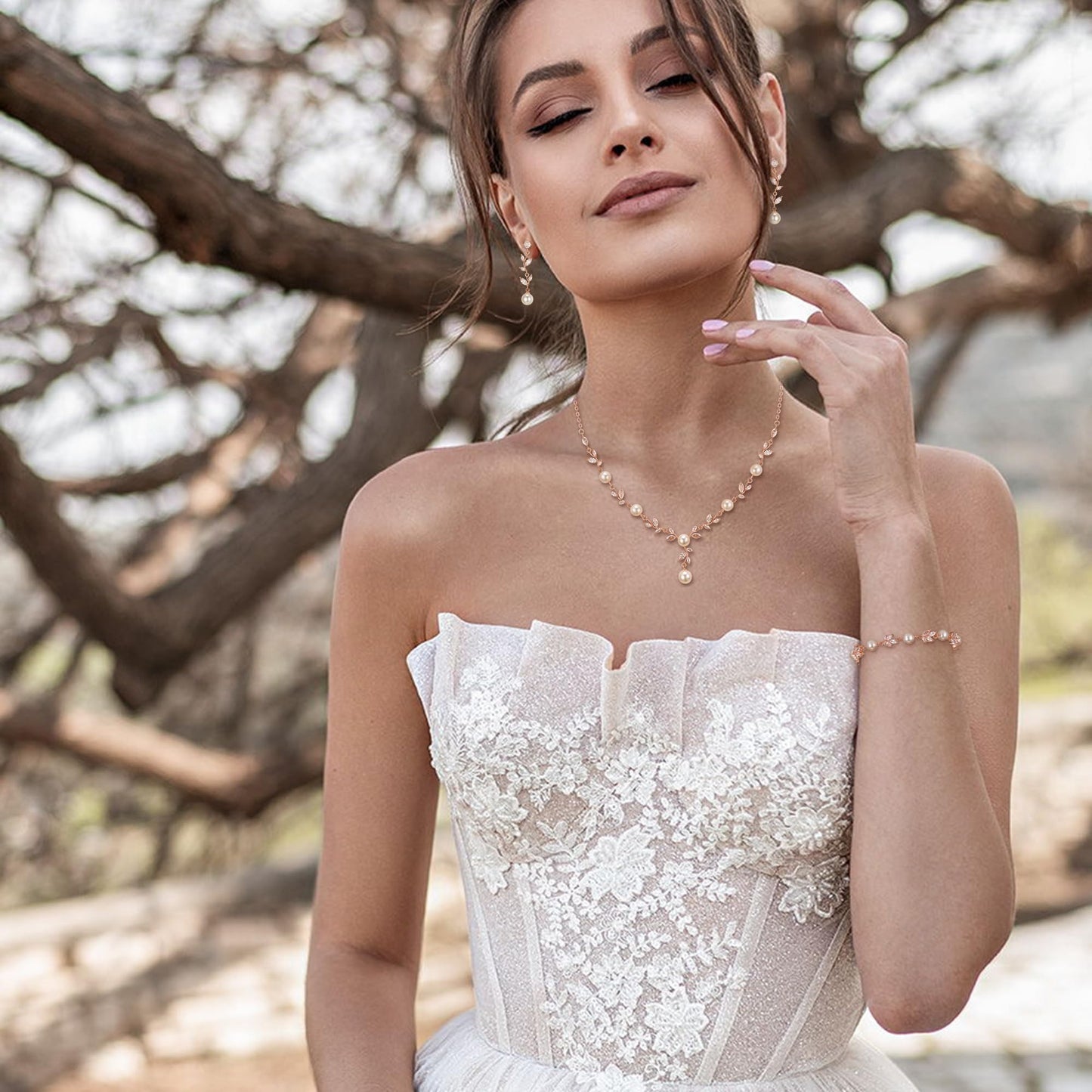 EVER FAITH Bridal Jewelry Set for Bride Bridesmaid, White Marquise Cubic Zirconia Rose Gold-Plated-Brass Faux Pearl Leaf Vine Party Prom Necklace Dangle Earrings Bracelet for Women