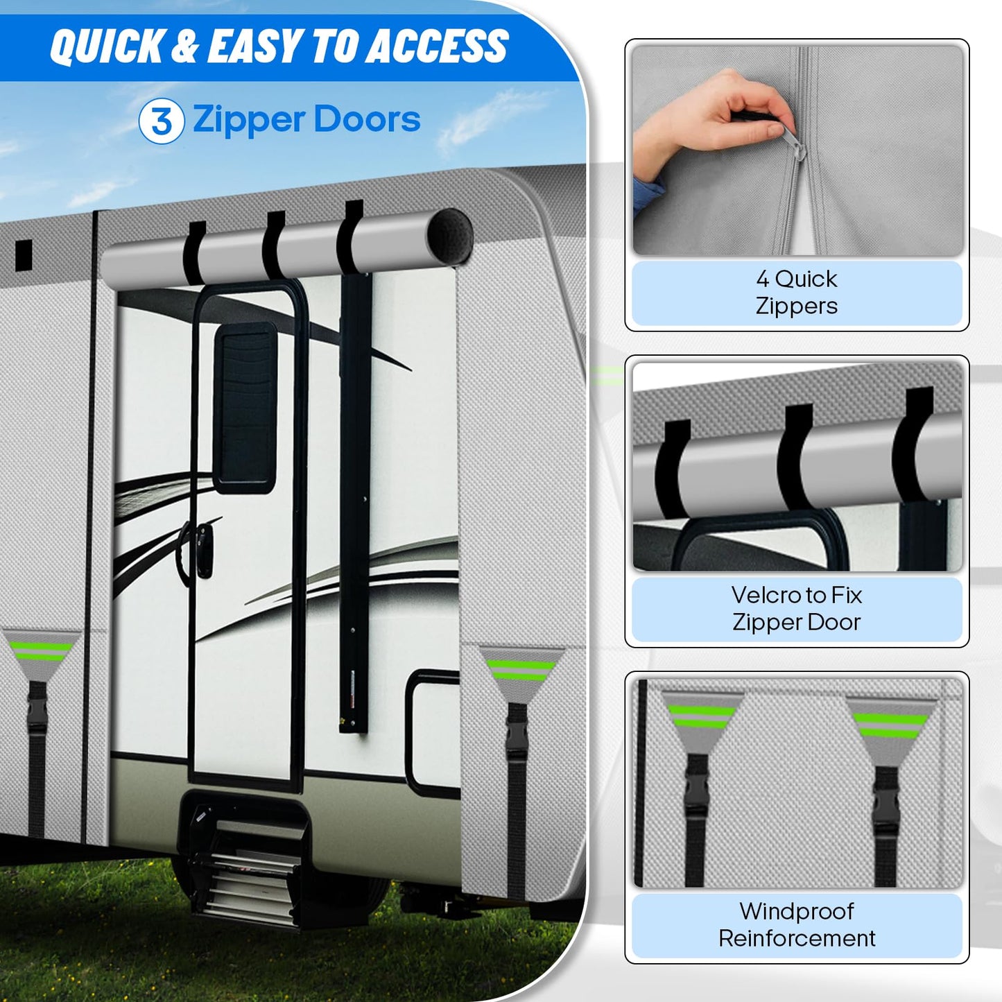 DTNESS Travel Trailers RV Cover 24-27FT, 7-Layer Thick Heavy Duty Rip-Stop Camper Cover with Tongue Jack Cover, Tire Covers, Straps & Storage Bag, Tearproof, Waterproof, Snowproof, Windproof & Anti-UV