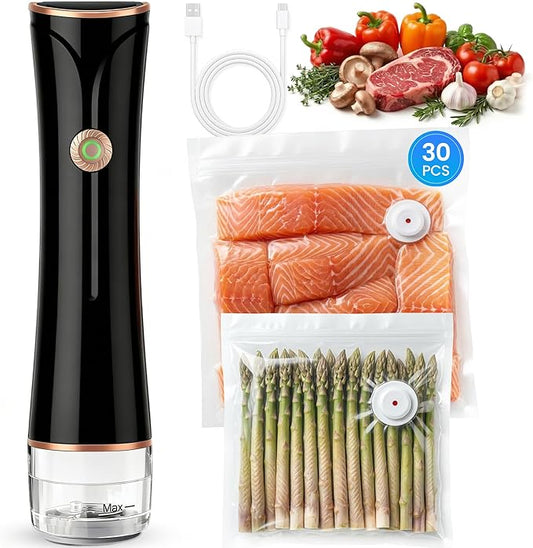 Compact Vacuum Sealer for Food with Visible Tank, Handheld Vacuum Sealer Machine, Includes 30 Reusable Bags, Seal Food 6X Fresh Longer, Wireless & Portable, Suitable for Kitchen and Travel, Black