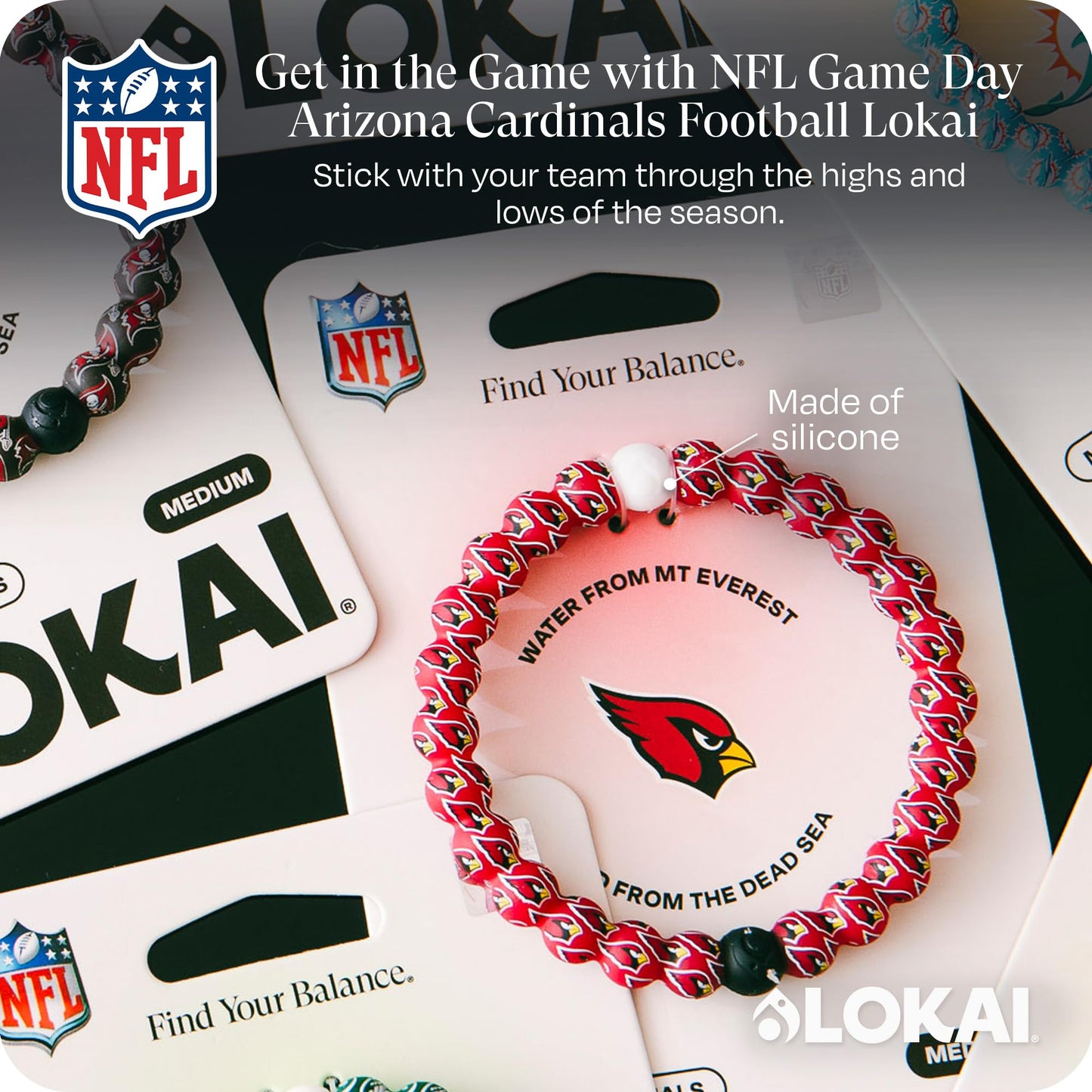 Lokai Silicone Beaded Bracelet for Men & Women, NFL Football Collection - Arizona Cardinals, Medium - Silicone Jewelry Fashion Bracelet Slides-On for Comfortable Fit