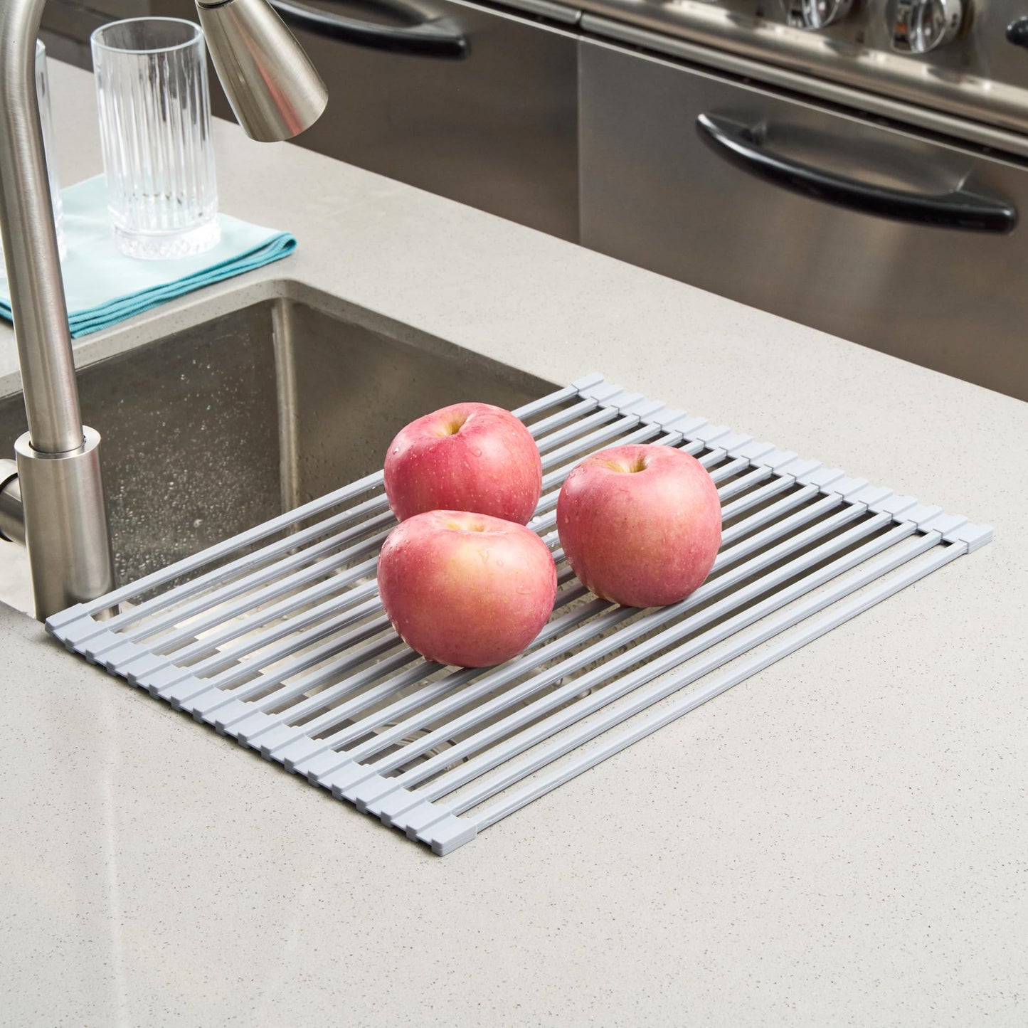 Restaurantware 16.93 x 12.99 Inches Stainless Steel Drying Rack - 12 Count - Clean Tek Professional Dish Drainer, Roll-Up, Non-Slip - Space-Saving Over-The-Sink Rack - Silicone Coated Gray
