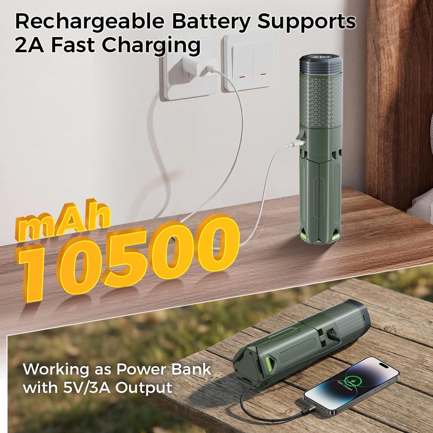 Telescopic Camping Lights, Rechargeable 10500mAh Camping Lantern with Storage Bag, Waterproof LED Camping Lamp with Magnetic, Portable Outdoor Tent Light for Camping,Hiking,Emergency,Fishing (Green)
