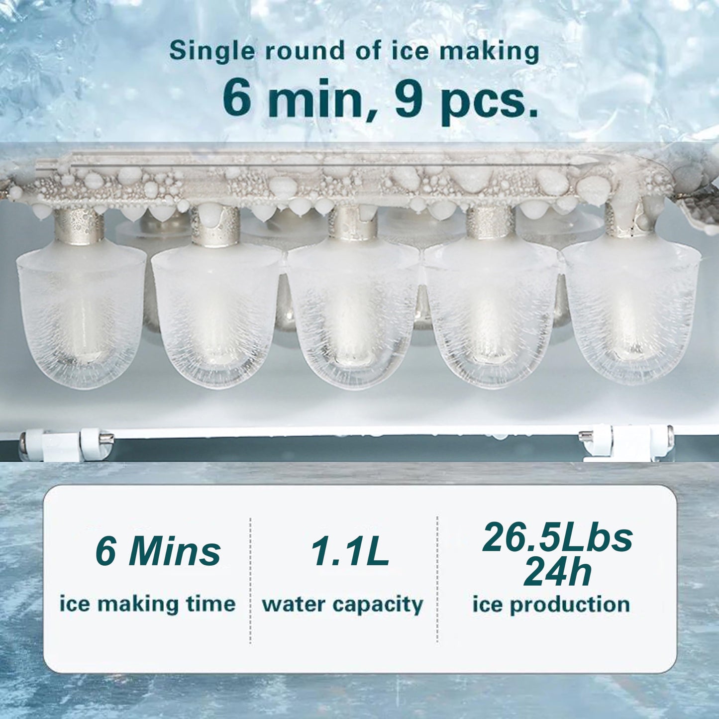 Countertop Ice Maker Machine - 6 Mins 9 Bullet Ice, 26.5lbs/24Hrs, Portable With Self-Cleaning, Scoop, and Basket (Steel)