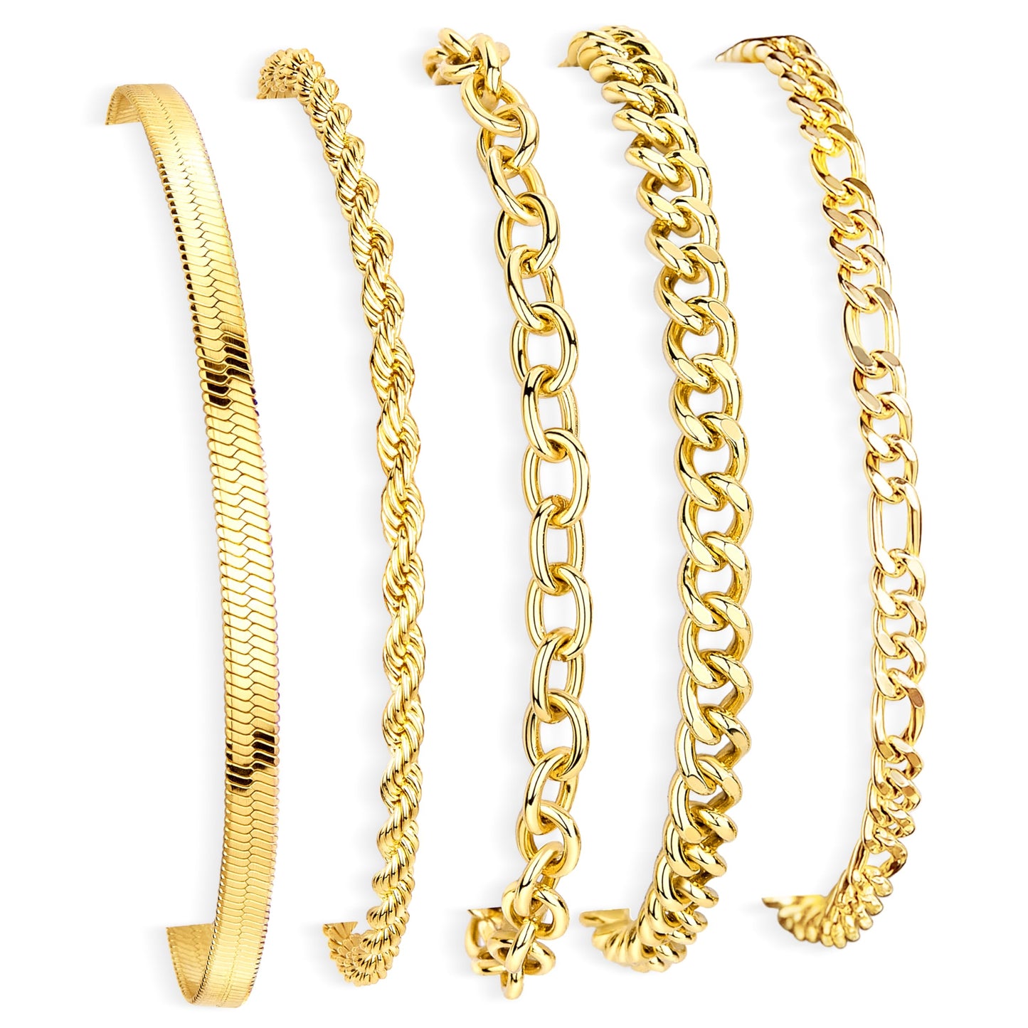 Gold Bracelets for Women 14K Gold Plated Stainless Steel Waterproof Non Tarnish, Dainty Stackable Bracelet Set for Women, 5 Pcs Layered Figaro Paperclip Herringbone Rope Cuban Chain Jewelry Birthday Gifts