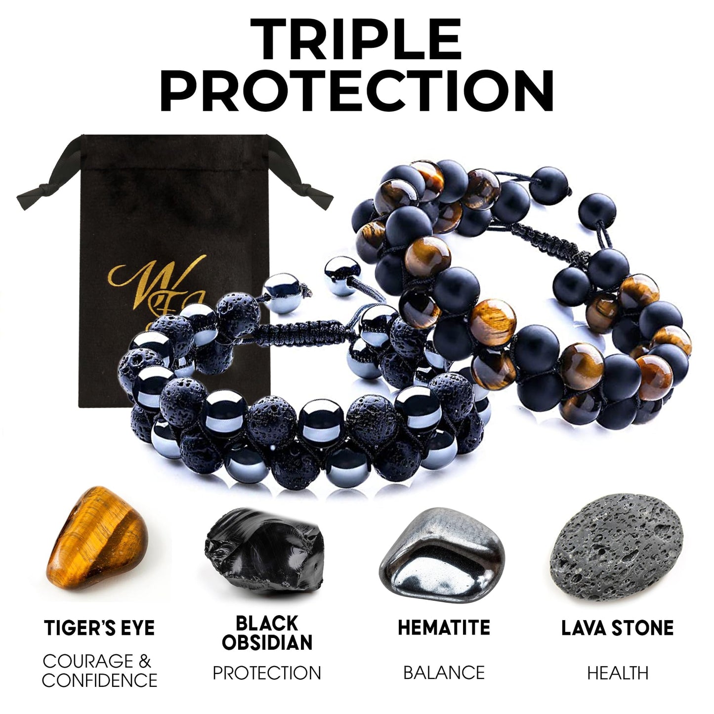 WFJ 2PCS Triple Protection Natural Stone Bracelets Set Mens Black Lava Rock Bracelet Tiger Eye Gemstone Bracelet Yoga Essential Oil Bracelet Charm Gift