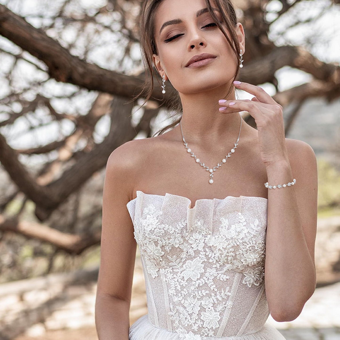 EVER FAITH Bridal Jewelry Set for Bride Bridesmaid, White-Gold-Plated-Brass Marquise Cubic Zirconia Faux Pearl Leaf Vine Party Prom Necklace Dangle Earrings Bracelet for Women