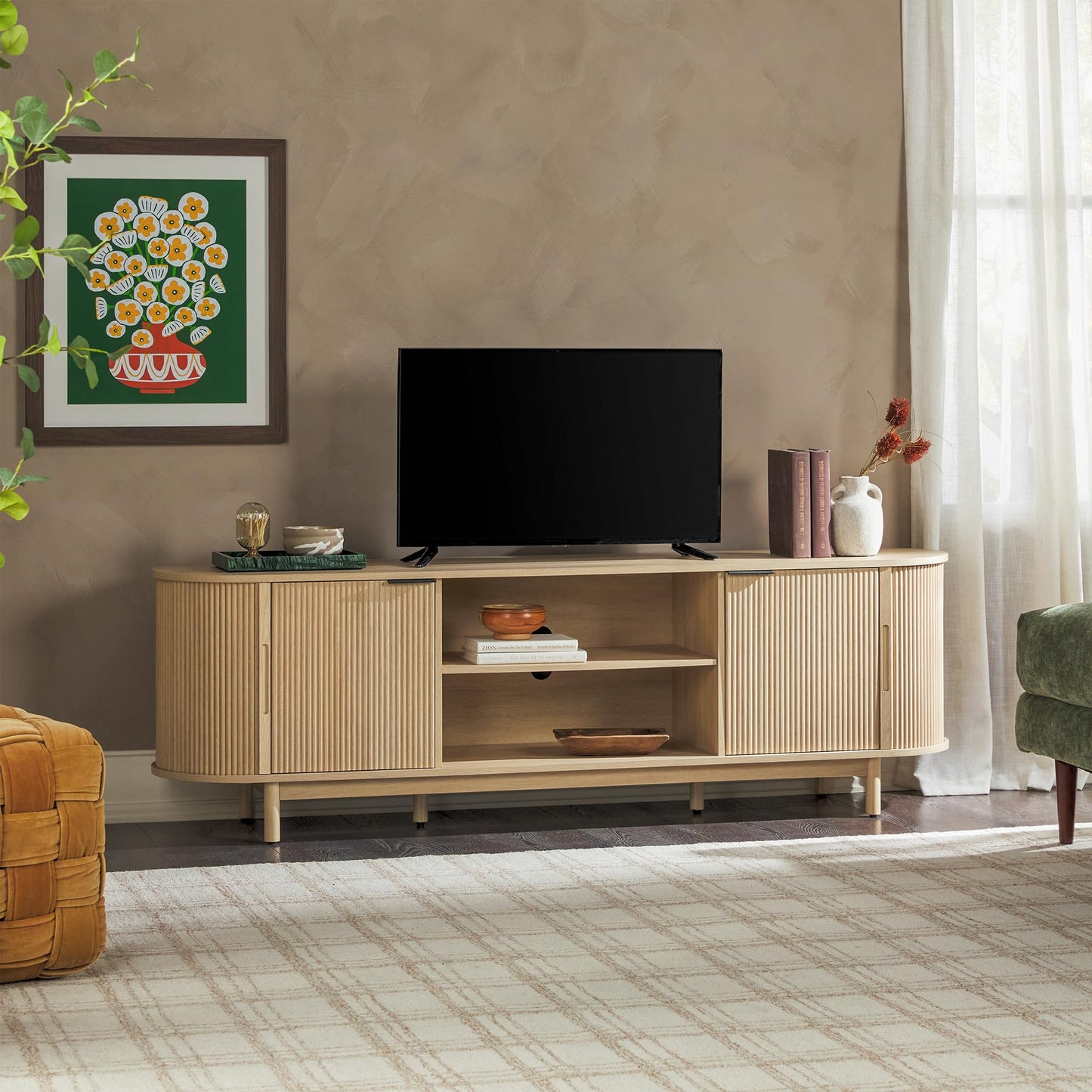 Walker Edison Modern Curved Reeded TV Stand for TVs up to 70 Inches, Credenza with Sliding Doors and Adjustable Shelves, TV Stand with Cord Management Cutout, 70 Inch, Coastal Oak