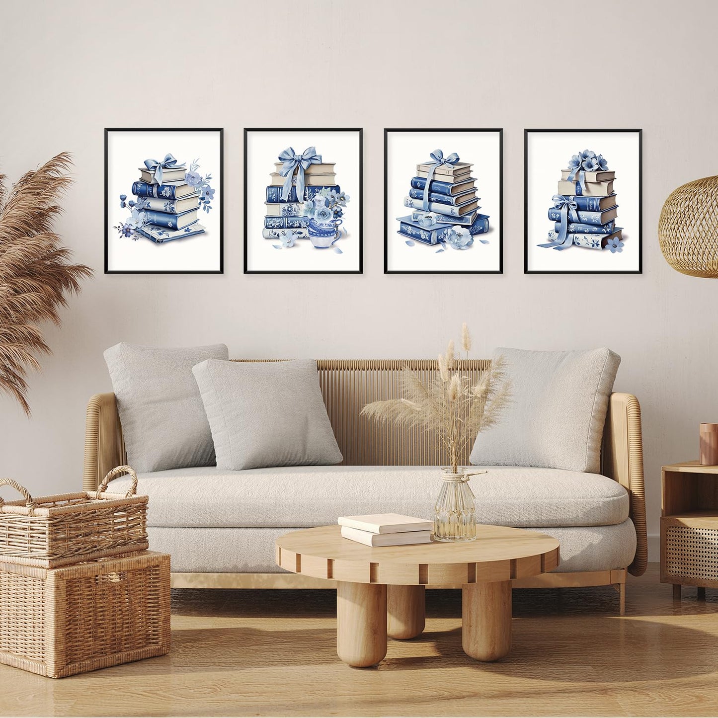 Locomiss Blue and White Floral Bow Book Chinoiserie Wall Art Decor Posters, Blue Bow Book Flower Bookish Girly Wall Art Decor For Bedroom Dorm Living Room Classroom Library, Set of 4 (8x10 Unframed)