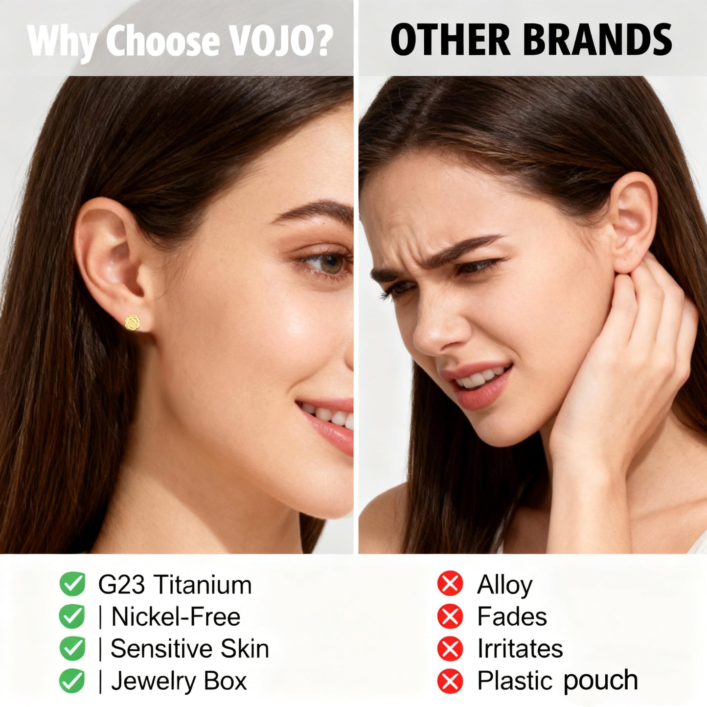 VOJO Implant Grade G23 Titanium Stud Earrings for Sensitive Ears Post Pierced Cartilage Lobe Earring Stud for Women (Silver ROSE)