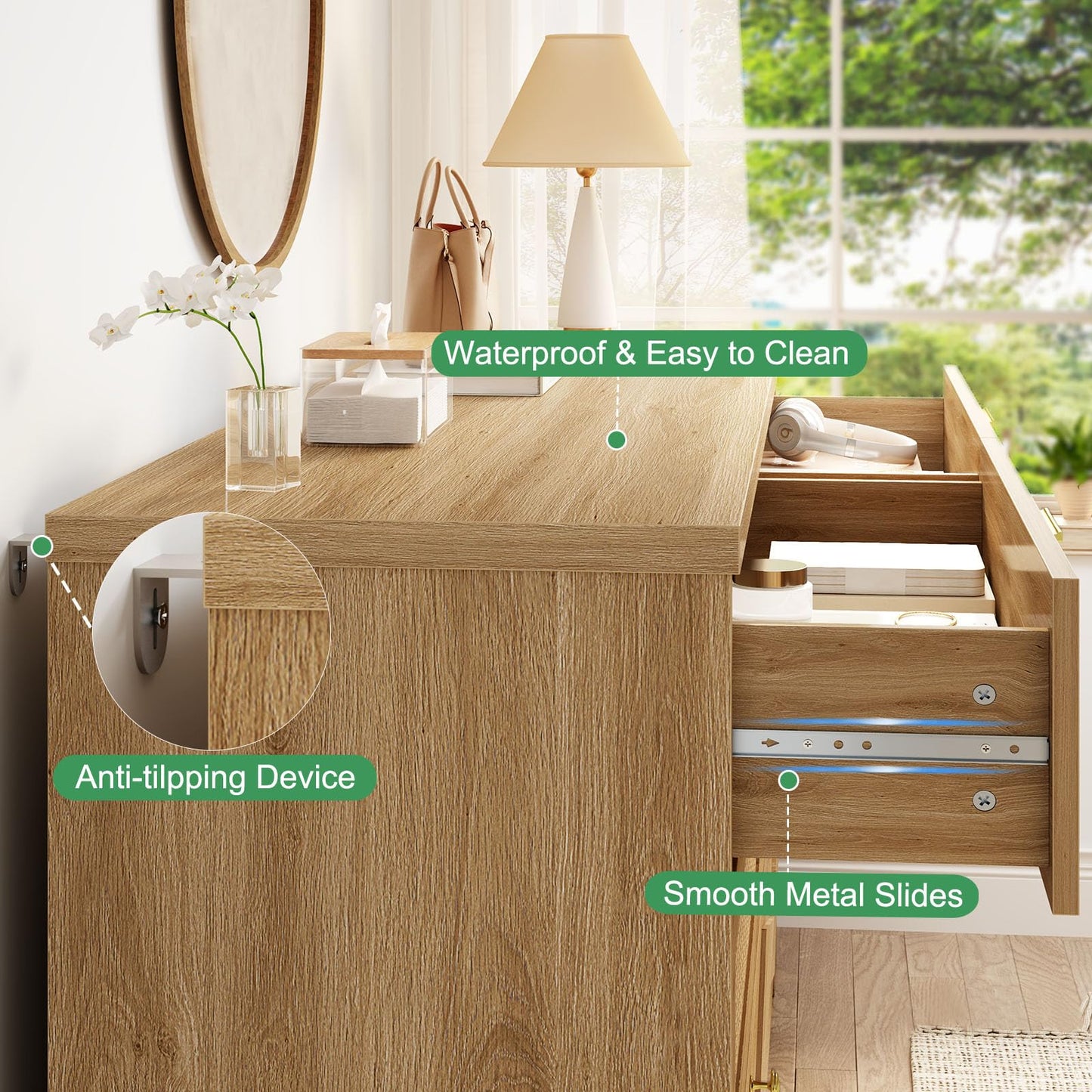 IBF Rattan Dresser for Bedroom, Wood Boho 6 Drawer Dressers, Large Dresser Chest of Drawers for Closet, Wide Clothes Storage Organizer with Deep Drawers for Living Room and Hallway, 51.2 Inch, Oak