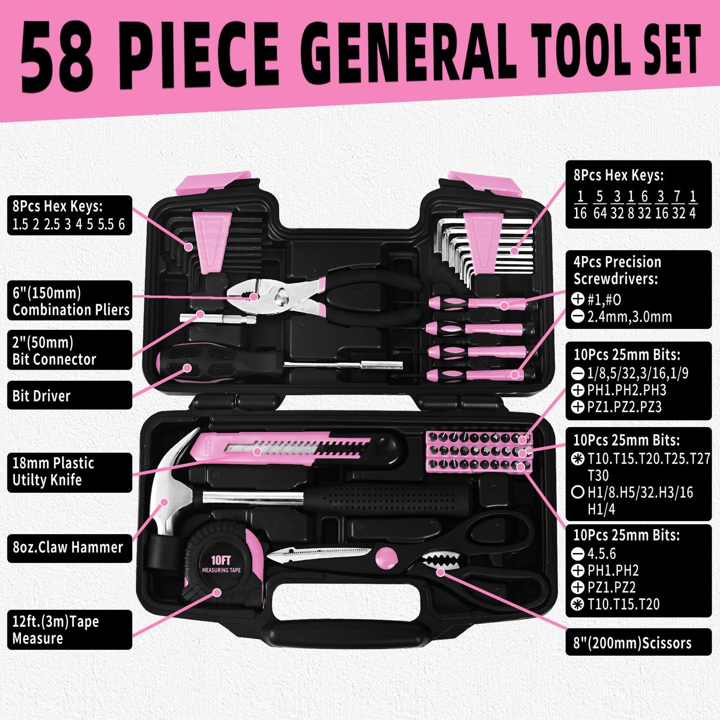 GETFOO 58-Piece Pink Home Tool Set | Basic Household Hand Kit for Women Girls Ladies | All Purpose Small Tool Kit with Storage Toolbox for Home Repair DIY
