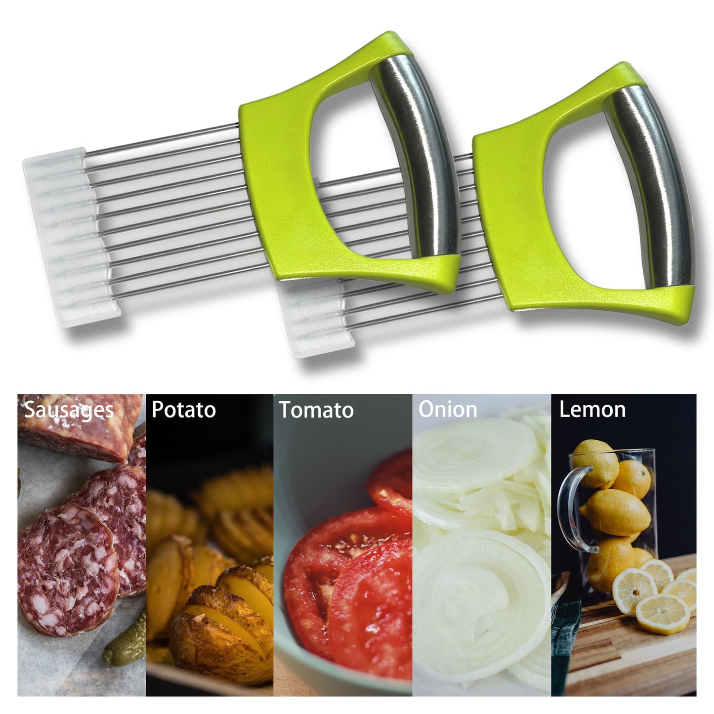 2 PCS Onion Slicer Holder – Stainless Steel Meat Holder, Meat Chopper | Multi-Purpose Kitchen Safety Tool for Fruits, Vegetables & Meat | Easy Clean, Uniform Slices | (Green)