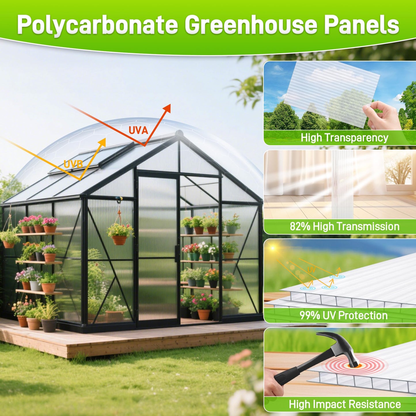 Quibbay 8 Pack 8' X 6' X 0.16'' Polycarbonate Greenhouse Panels, Waterproof UV Protected Clear Polycarbonate Sheets Twin-Wall Roof Panels, Corrugated Plastic Roofing Panels for Greenhouse Replacement