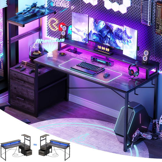 Aheaplus Gaming Desk with LED Strip & Power Outlet, 59Inch Reversible Computer Desk with Monitor Stand & Storage Shelves, Home Office Desks with Fabric File Drawer, Gamer Table PC Desk, Black Oak
