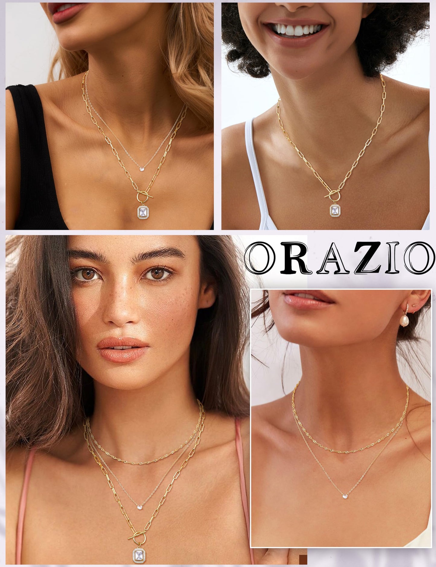 ORAZIO Layered 14K Gold Plated Necklaces for Women Dainty Necklace Stack Silver Plated Non Tarnish Free Pendant Chunky Chain Pearl Paperclip Cross Heart Necklace Set for Women C