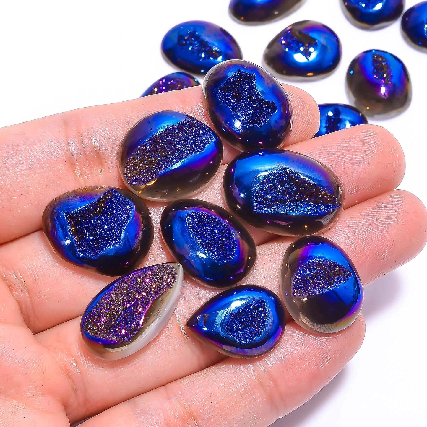 GEMKORA 50 carats, 3+pcs, Blue Titanium Drusy Gemstone Cabochons for Jewelry Making Supply, Wholesale Lot, Loose Crystals, DIY, Wire Wrapping, Healing Crystals, Bulk Gemstone Deal