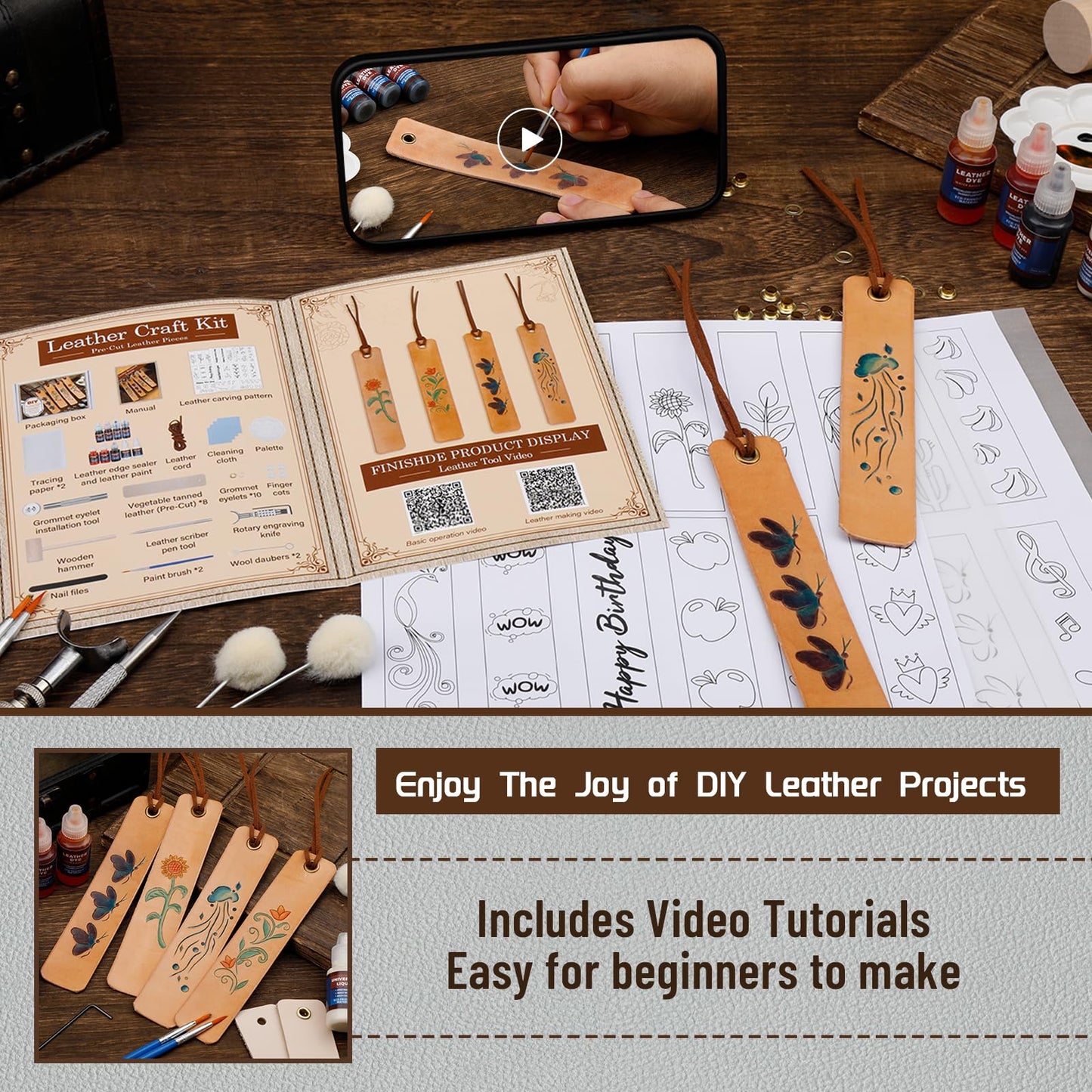 Leather Crafting Kit, Leather Working Kit for Bookmark, Leatherbookmarks Making Kits with Dyeing Carving Working Tools Supplies for Book Mark, Bookmarks for Book Lovers, Adults DIY Crafts Making