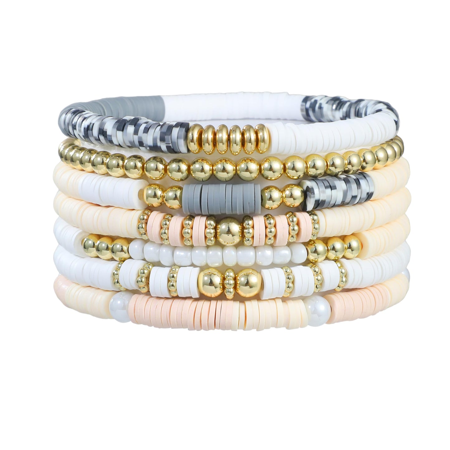 RISHEGAE Heishi Beaded Stretch Bracelets for Women Stackable Gold Polymer Clay Beads Bracelets Friendship Boho Summer Beach Bracelet Jewelry Set (F-H grey white)