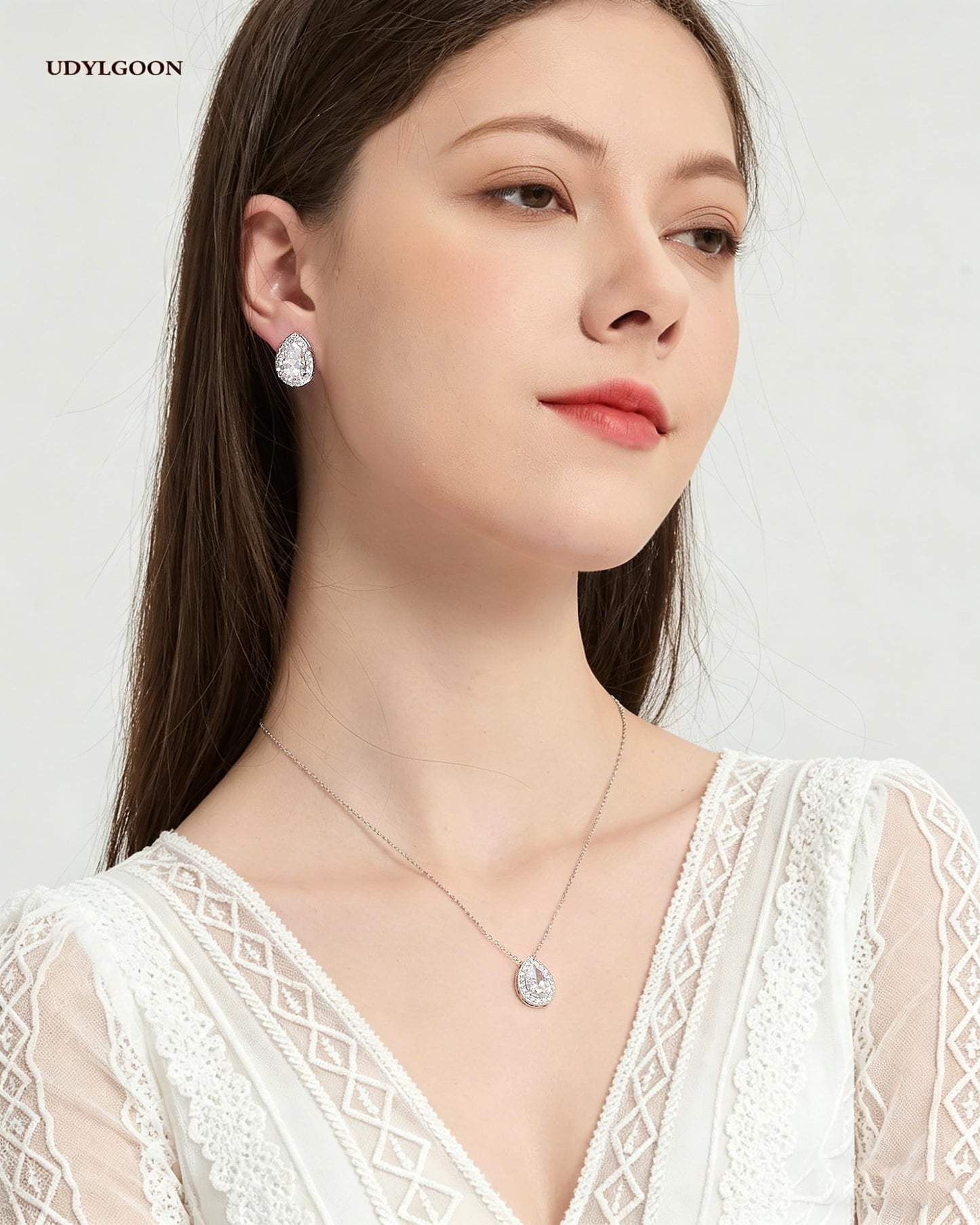 UDYLGOON Teardrop Cubic Zirconia Jewelry Set Necklace Earrings Bracelet Bridal Wedding Jewelry for Women Bridesmaid Prom Party (2 Set - White Gold Plated)