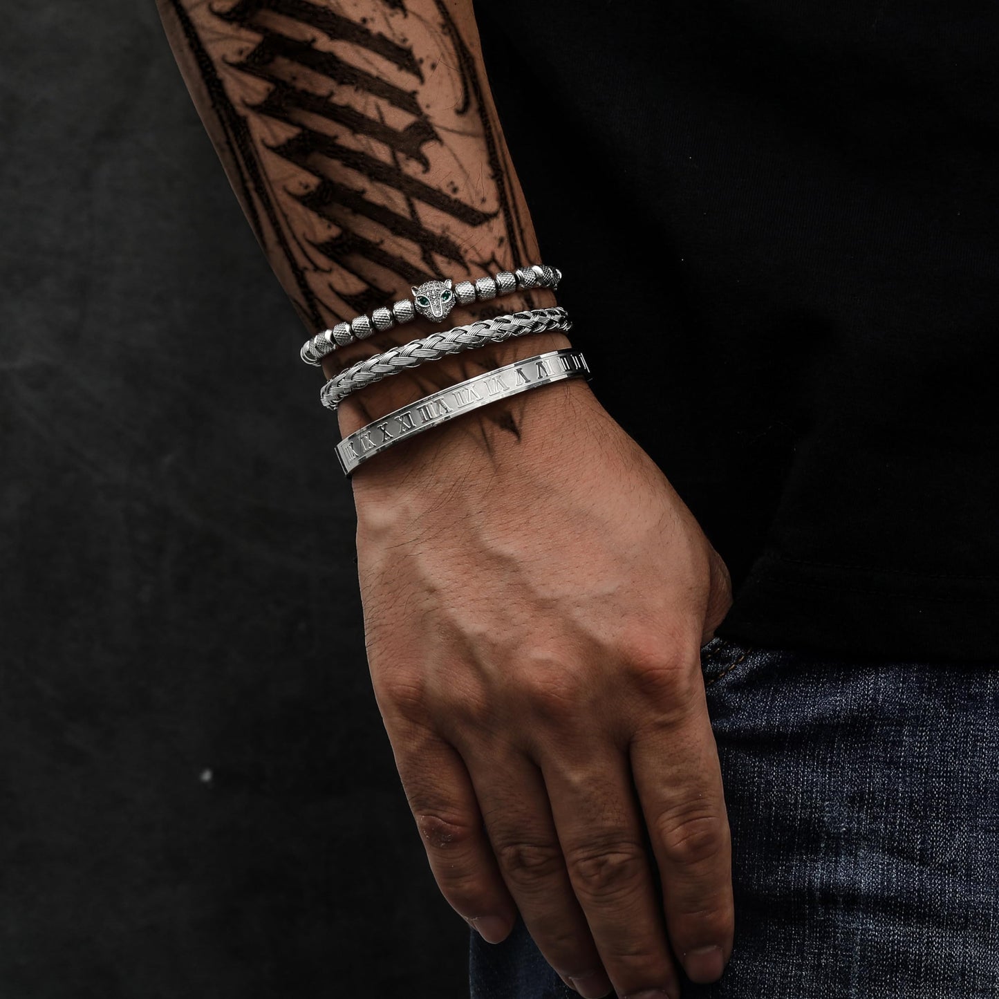 WFYOU 3PCS Stainless Steel Bracelets for Men Gold Roman Numeral Bangle Bracelet Twisted Cable Bracelet Adjustable Cuff Bracelet Mens Luxury Jewelry Bracelets Gifts(O:Silver-CZ Leopard Head)