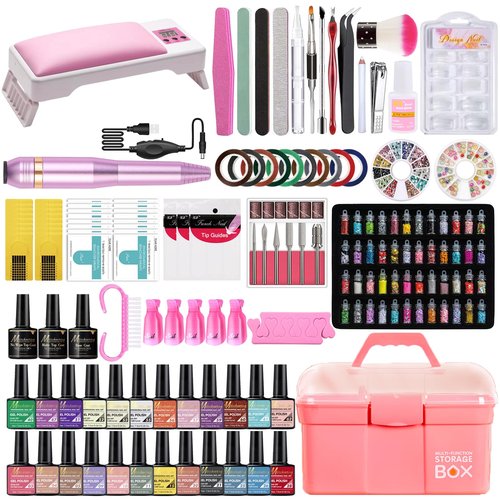 Gel Nail Polish Kit with UV Light LED Dryer Hand Pillow, 24 Colors, Base Top Coat, Nail Art Decorations, Home DIY Starter Manicure Kit