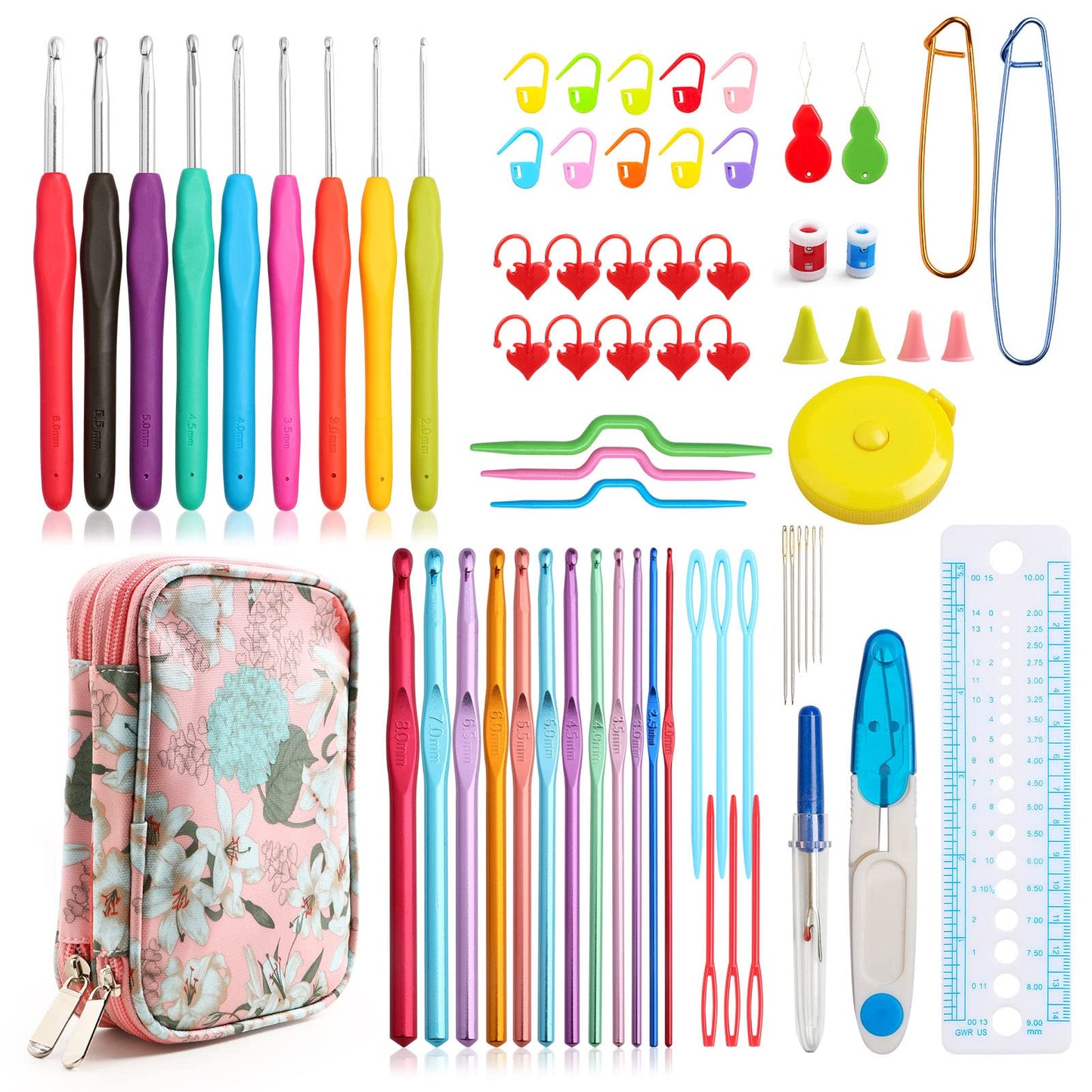KOKNIT Crochet Hooks Set with Storage Case 71pc Knitting Needle Accessories 9 Soft Grip Ergonomic Crochet Needles,12 Coloured Aluminum Yarn Crocheting Crochet Hooks,Crochet Kit with Crochet Supplies