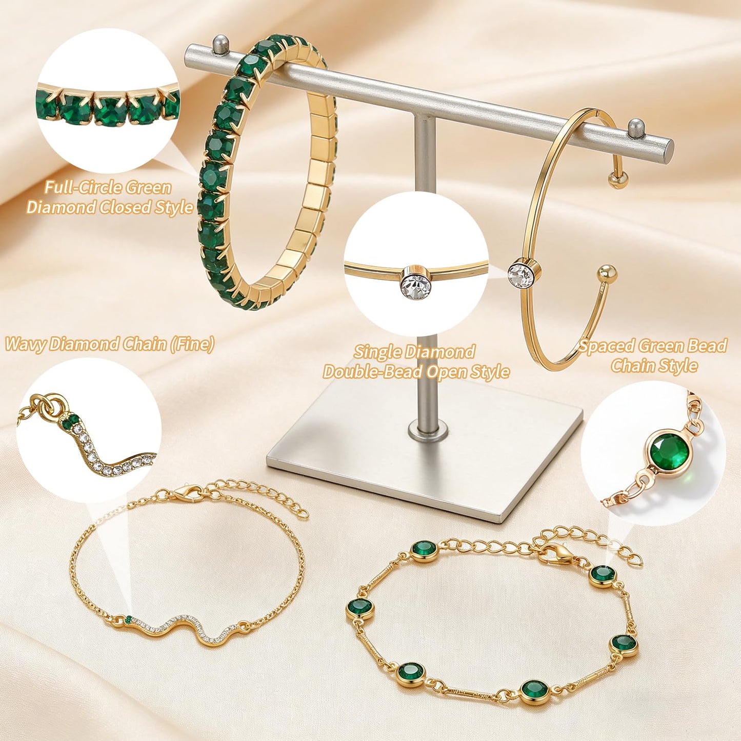 VEINARDYL Gold Birthstone Bracelets for Women, Green Birthstone Layered Jewelry Cuff Gold Plated Bangles, Open Adjustable Bracelets Fashion Accessories Jewelry Set for Mothers Day Gifts