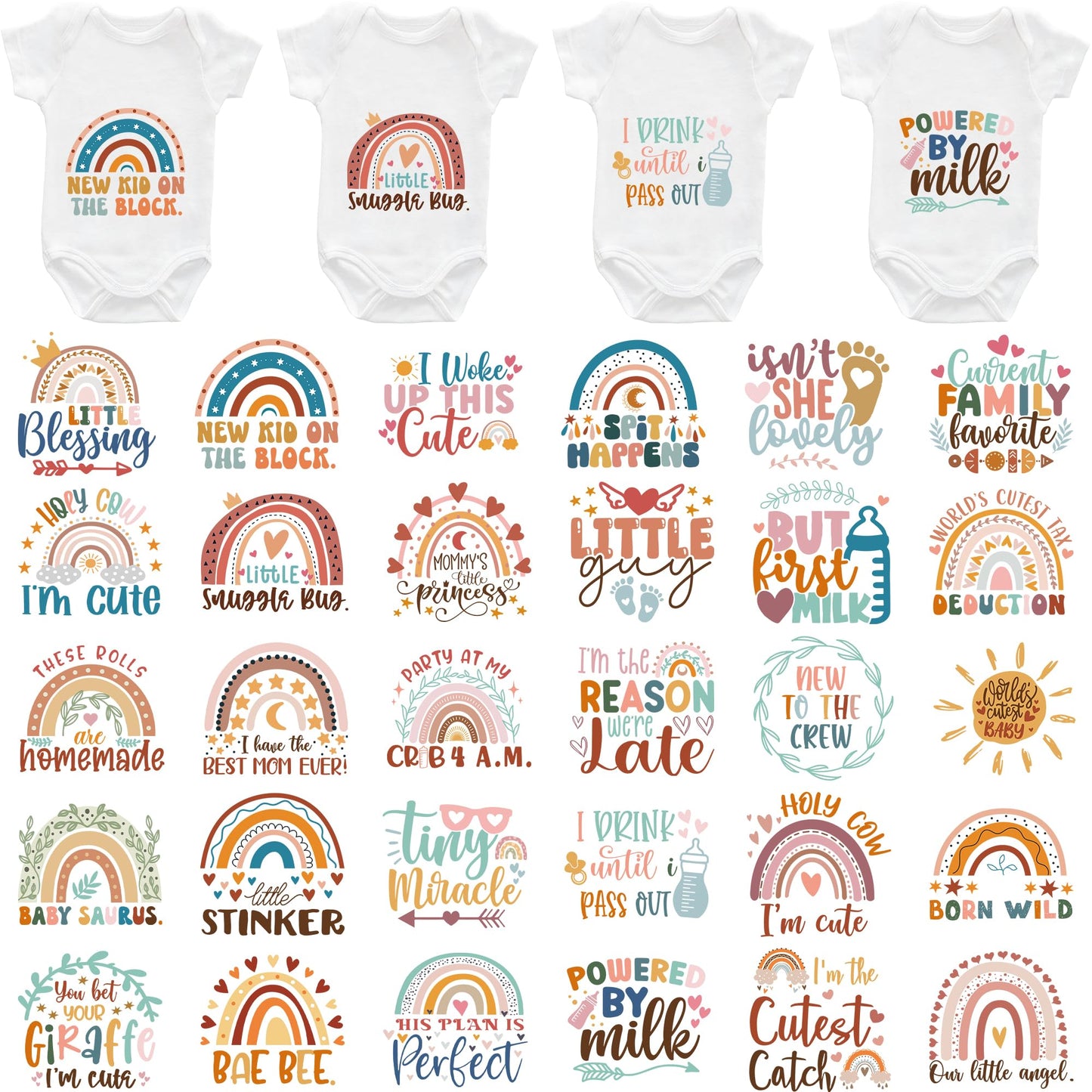 Boho Baby Iron on Transfers, 30 PCS Rainbow Onesie Decorating Kit Baby Shower, Inspirational Heat Transfer Stickers, Iron on Decals for T Shirts Hoodie Bibs Bodysuit Clothing DIY Crafts