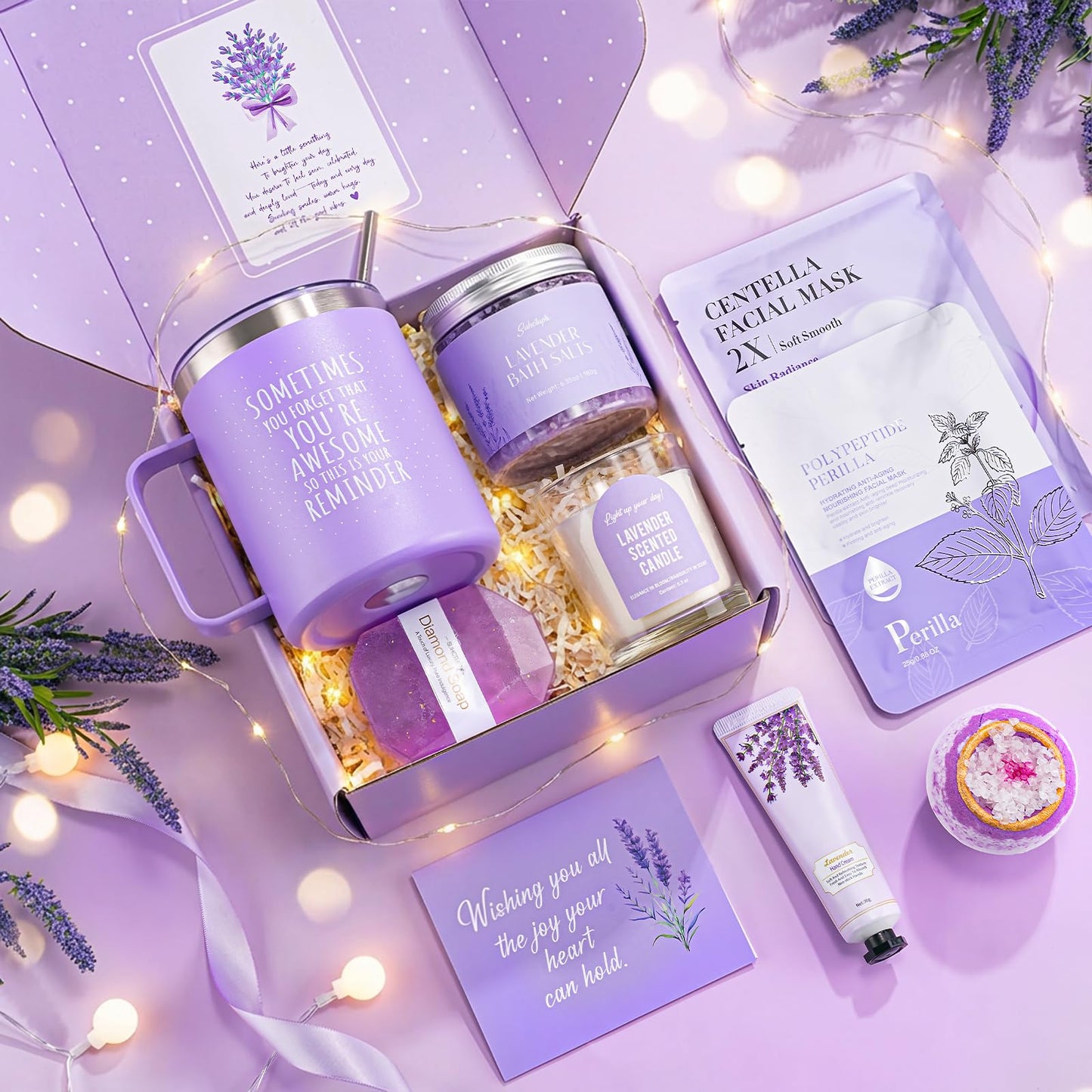 Mothers Day Gifts for Mom, 9pcs Happy Birthday Gifts for Women, Unique Birthday Relaxation Spa Gift Christmas Ideas Relaxing Lavender Set Self Care Gift Basket for Her Mom Sister Friend Teacher