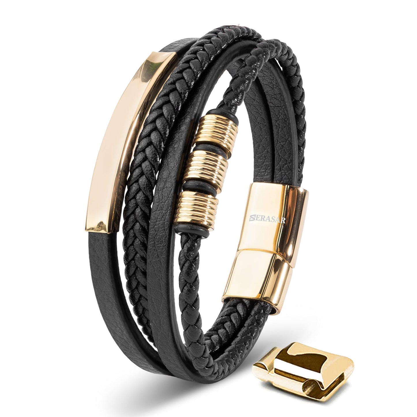SERASAR Pulseras para hombre Caja de regalo oro 23cm Piel vacuno trenzada cuero genuino Cierre magnético ajustable joyería múltiples capas Hombres
