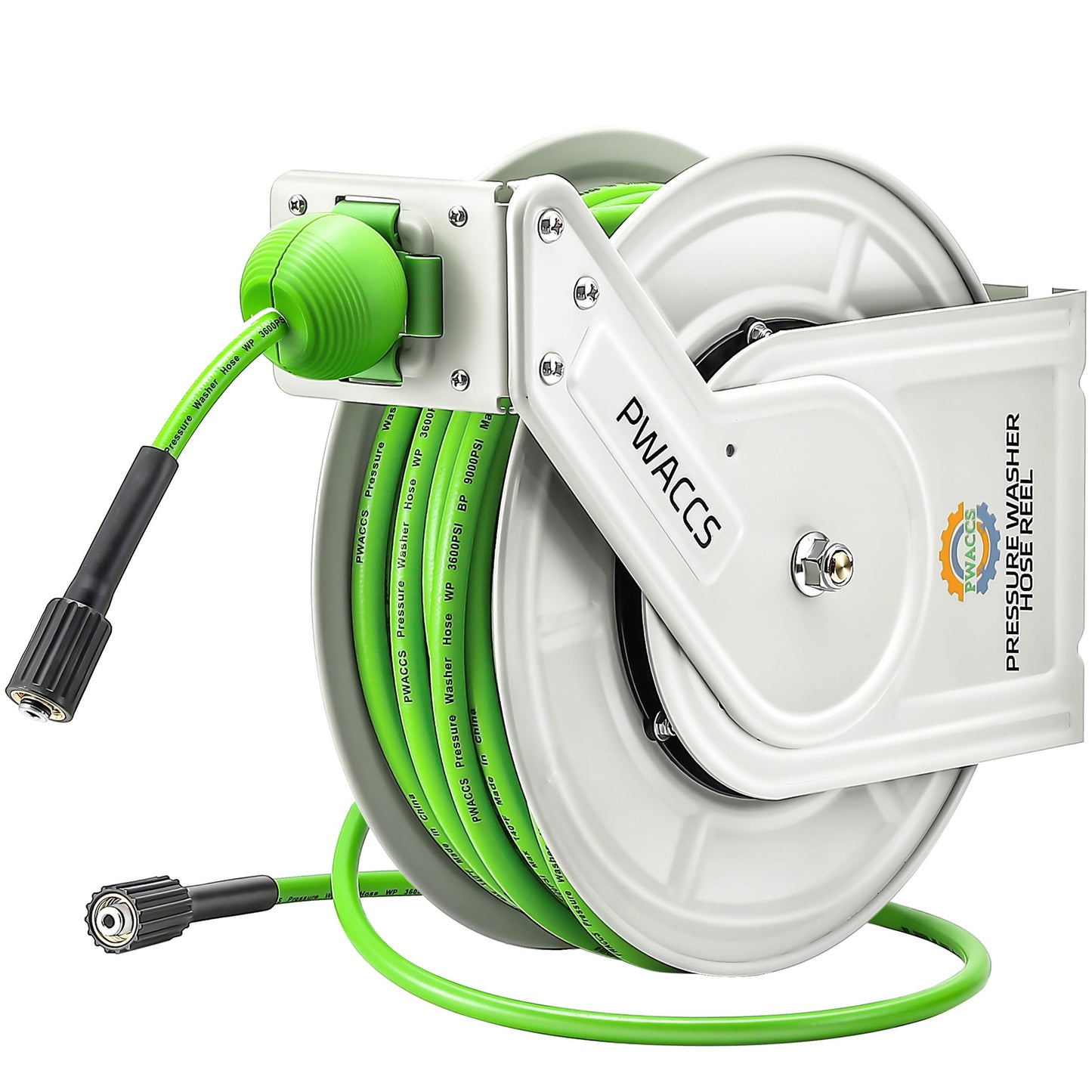 PWACCS Retractable Pressure Washer Hose Reel, 1/4" x 60ft Heavy Duty Power Washer Hose Reel, High Pressure Reel Auto Rewind, Wall/Floor Mounted, 3600 PSI