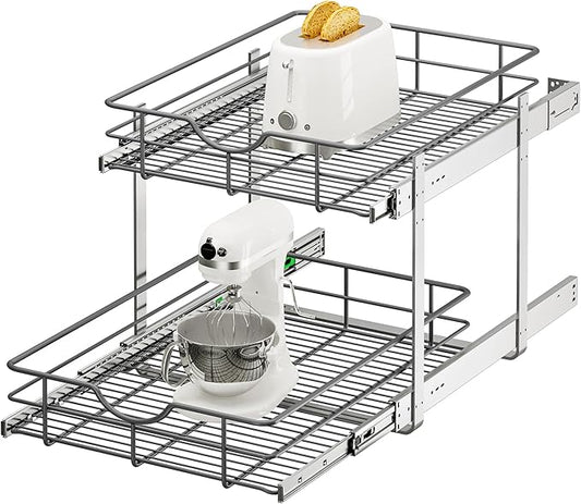 2 Tier Pull Out Cabinet Organizer - 17" W x 22" D Soft Close Slide Out Shelves with Shelf Liners - Pullout Drawers for Kitchen Cabinets, Pantry, Bathroom, Heavy Duty Steel Wire Baskets