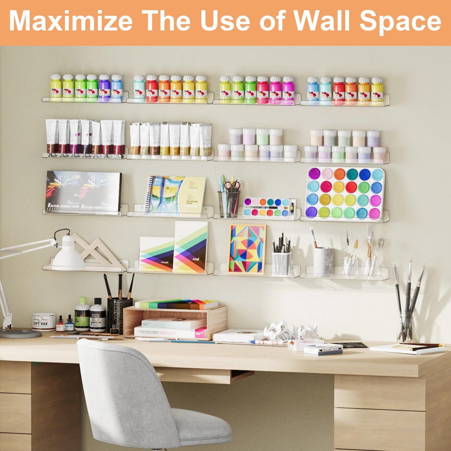 upsimples 8 Pack Acrylic Shelves Wall Organizer and Storage, 15" Display Shelf for Figure, Toy Cars, Perfume, Kids Bookshelf for Bedroom, Nursery, Craft Room, Clear