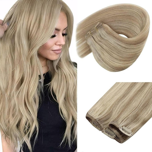 Sunny Hair Clip in Hair Extensions Real Human Hair 85g Remy Hair Clip in Extensions for Women Human Hair Extensions Dark Golden Blonde Highlights Light Blonde 12 Inch