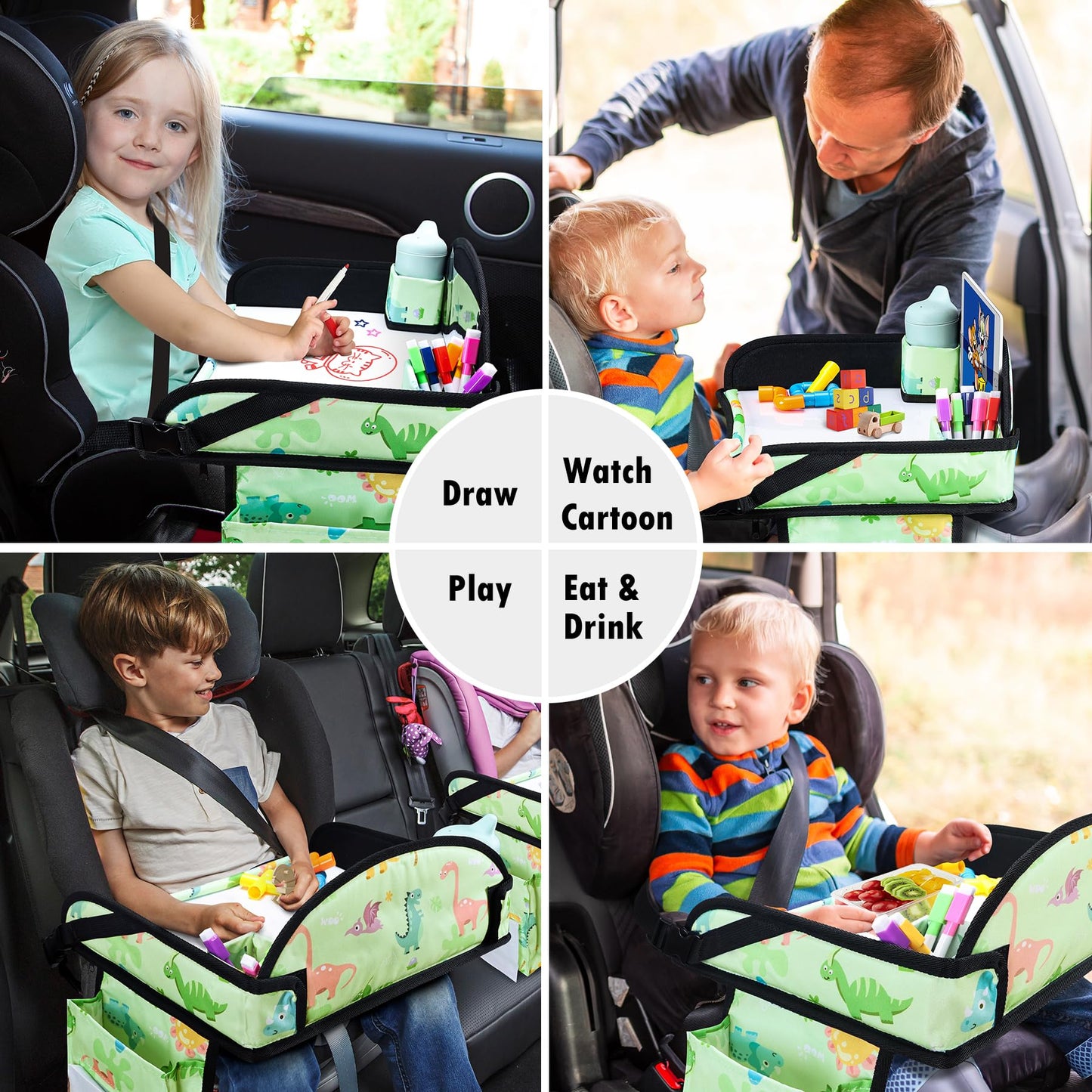 WENRENER Kids Travel Tray, Car Seat Tray for kids Travel, Toddler Road Trip Essentials With Drawing Kit, Toddler Lap Desk Organizer for Car, Carseat Table for Airplane