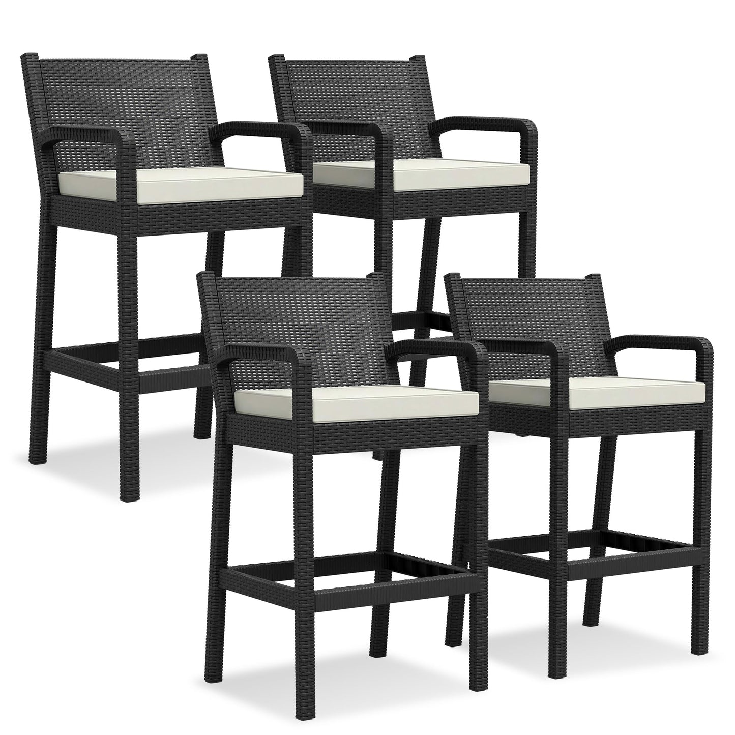 Patio Wicker Bar Stools Set of 4, 30'' Outdoor Counter Height Barstools with Thickened Cushions, All-Weather Wicker Rattan Bar Chairs with Backrest & Footrest for Backyard, Pool, Balcony, Beige