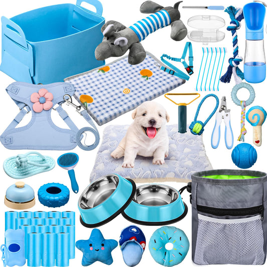 Abbylike 50 Pcs Puppy Supplies Starter Kit for Small Dogs Puppy Essentials Includes Leash, Bowls, Teeth Brushes, Water Bottle, and More Accessories for Dogs Pet Day Welcome Gift(Blue)