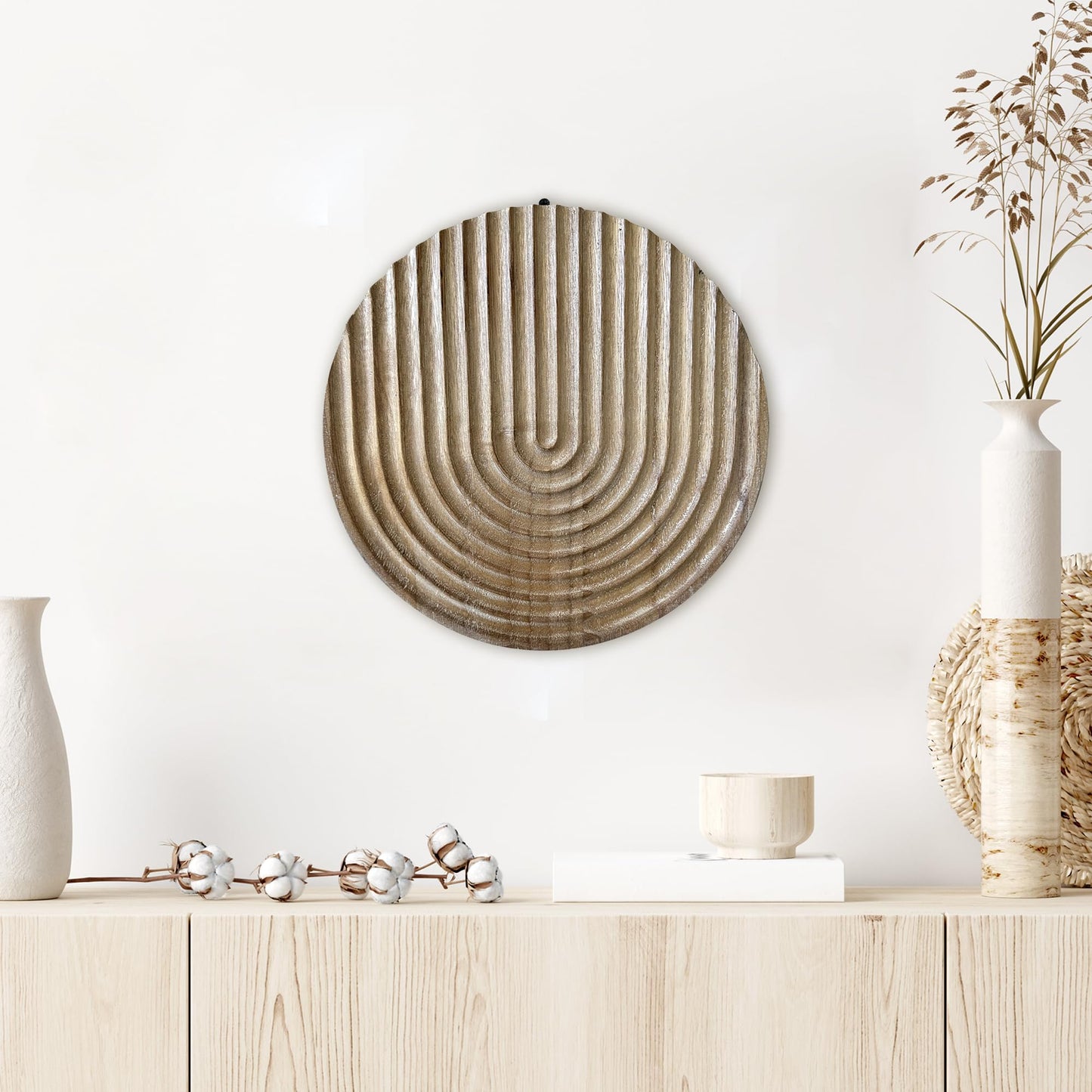 Musanpou Hand-carved Round Art Decor for Home and Living Room Wall Simple Wooden Farmhouse Wall Decor (Natural)