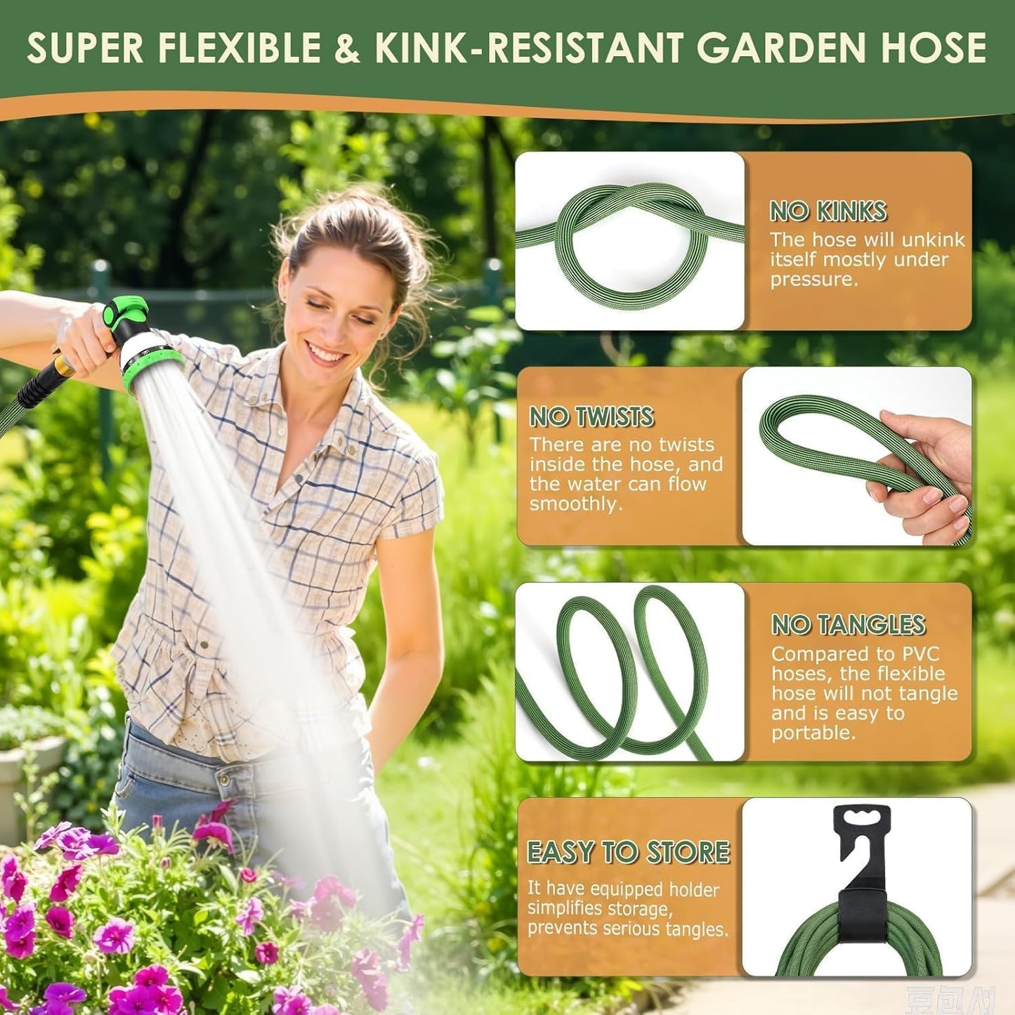 PALRORY Non-Expandable Garden Hose 100 ft, Ultra Lightweight Flexible Water Hose with 10-Pattern Nozzle, Leak-Proof, High-Density Fabric, Thickened Connector, Shut-Off Valve for Yard, Lawn, Outdoor